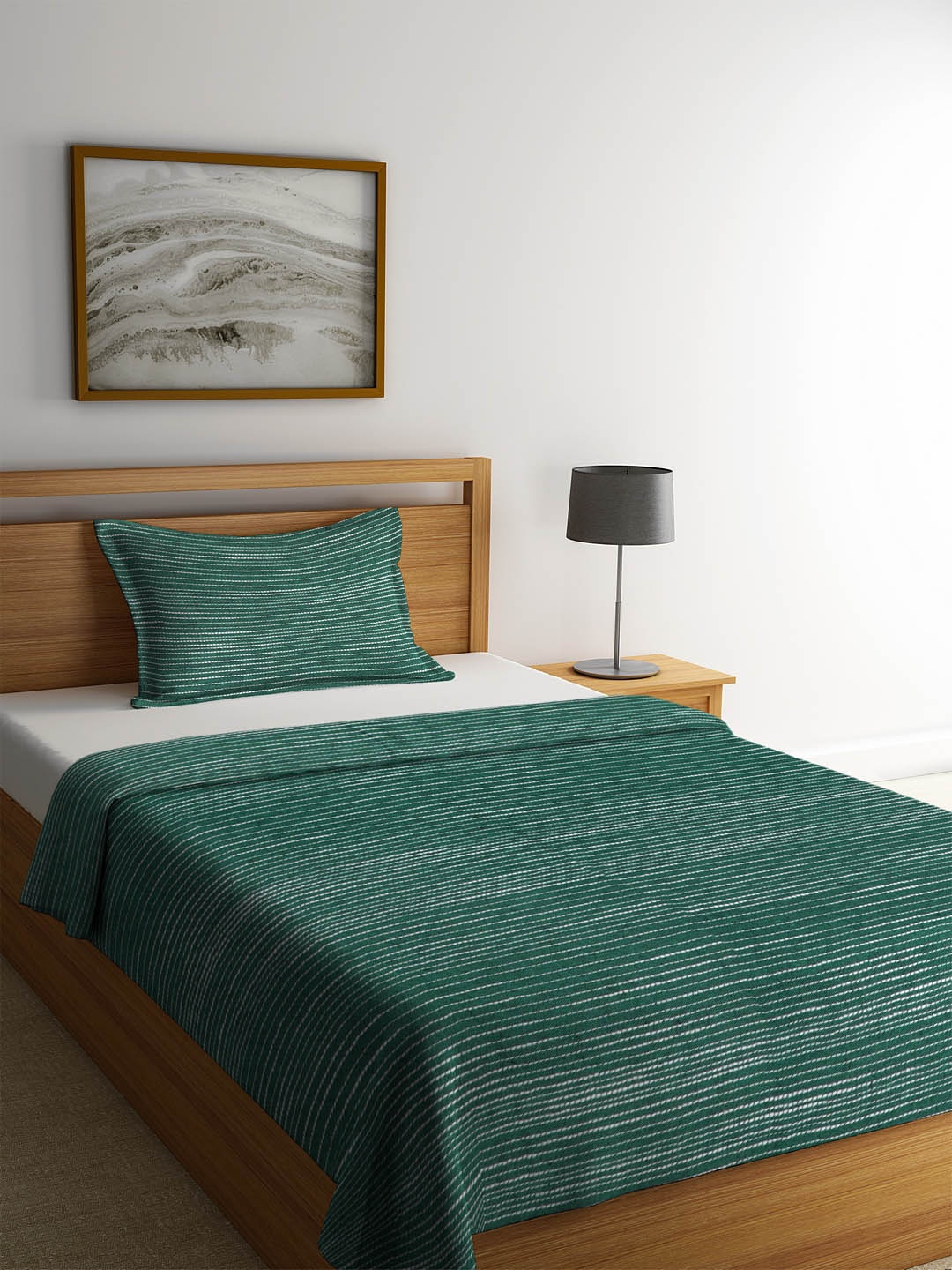 

KLOTTHE Green & White Woven Design Single Bed Cover With 1 Pillow Cover