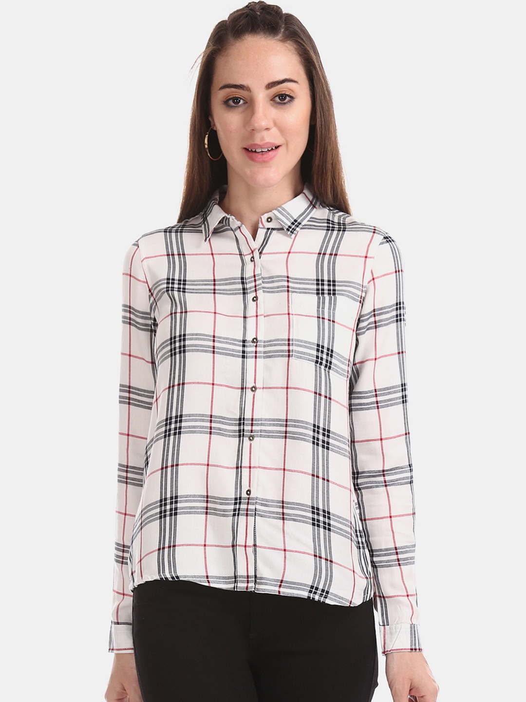 

Cherokee Women Off-White & Black Regular Fit Checked Casual Shirt