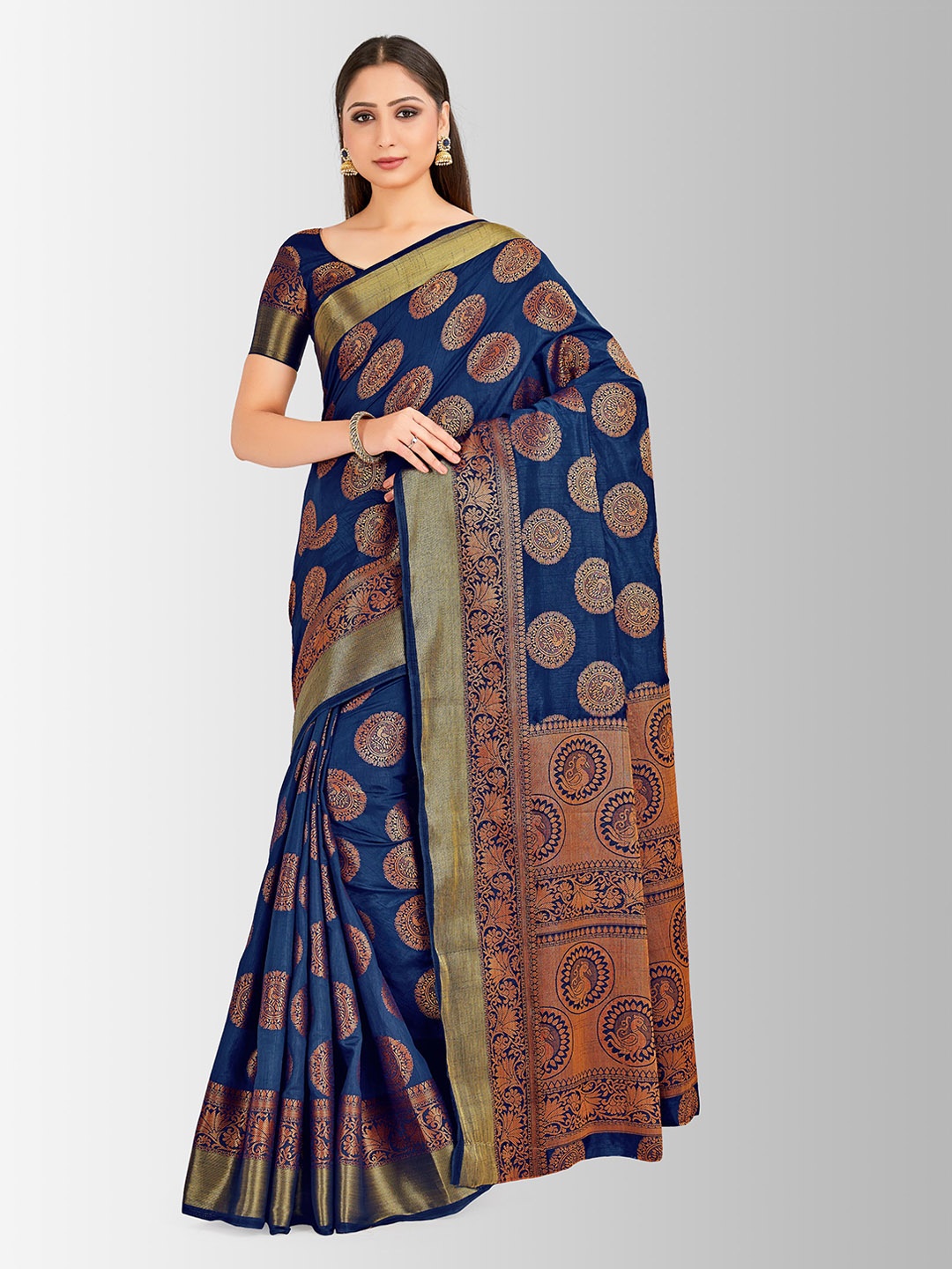 

MIMOSA Navy Blue & Gold-Toned Art Silk Woven Design Kanjeevaram Saree