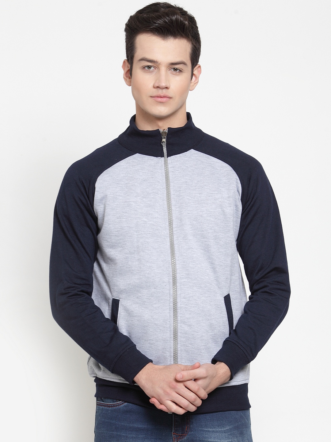 VOXATI Men Grey Melange & Navy Blue Colourblocked Sweatshirt