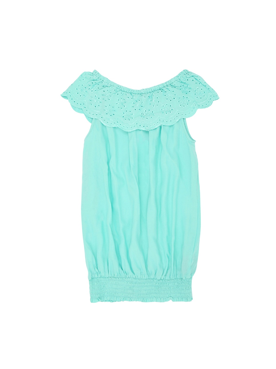 Pantaloons Junior Girls Sea Green Solid Chambray Bardot Top
