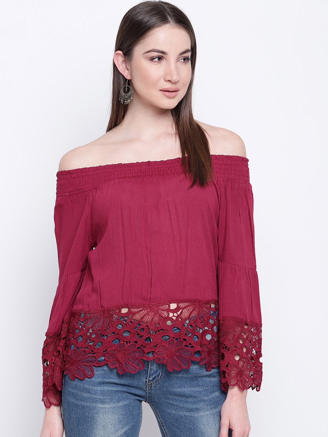 

Mayra Women Maroon Solid Bardot Top