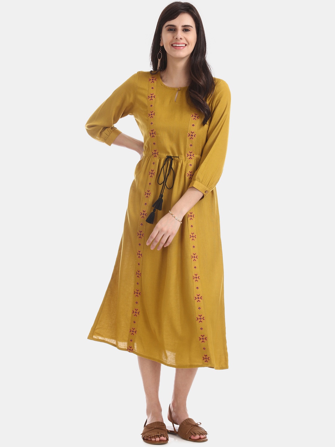 

Bronz Women Mustard Yellow Embroidered Fit and Flare Dress