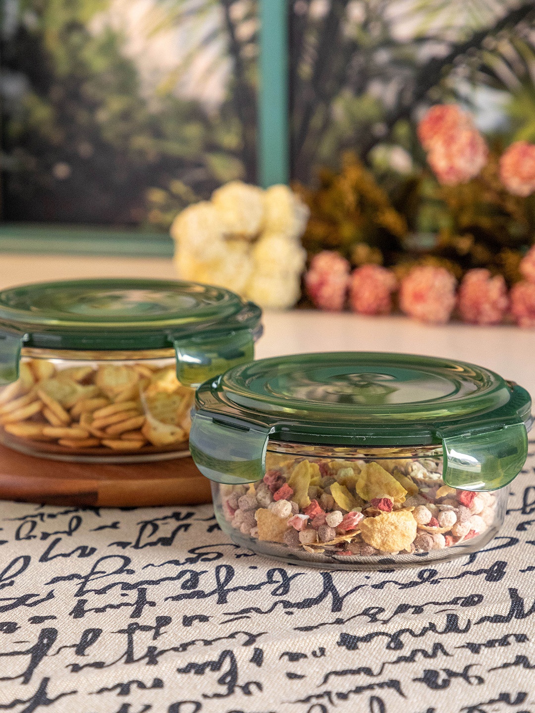

GOODHOMES Set of 2 Transparent & Green Glass Food Containers