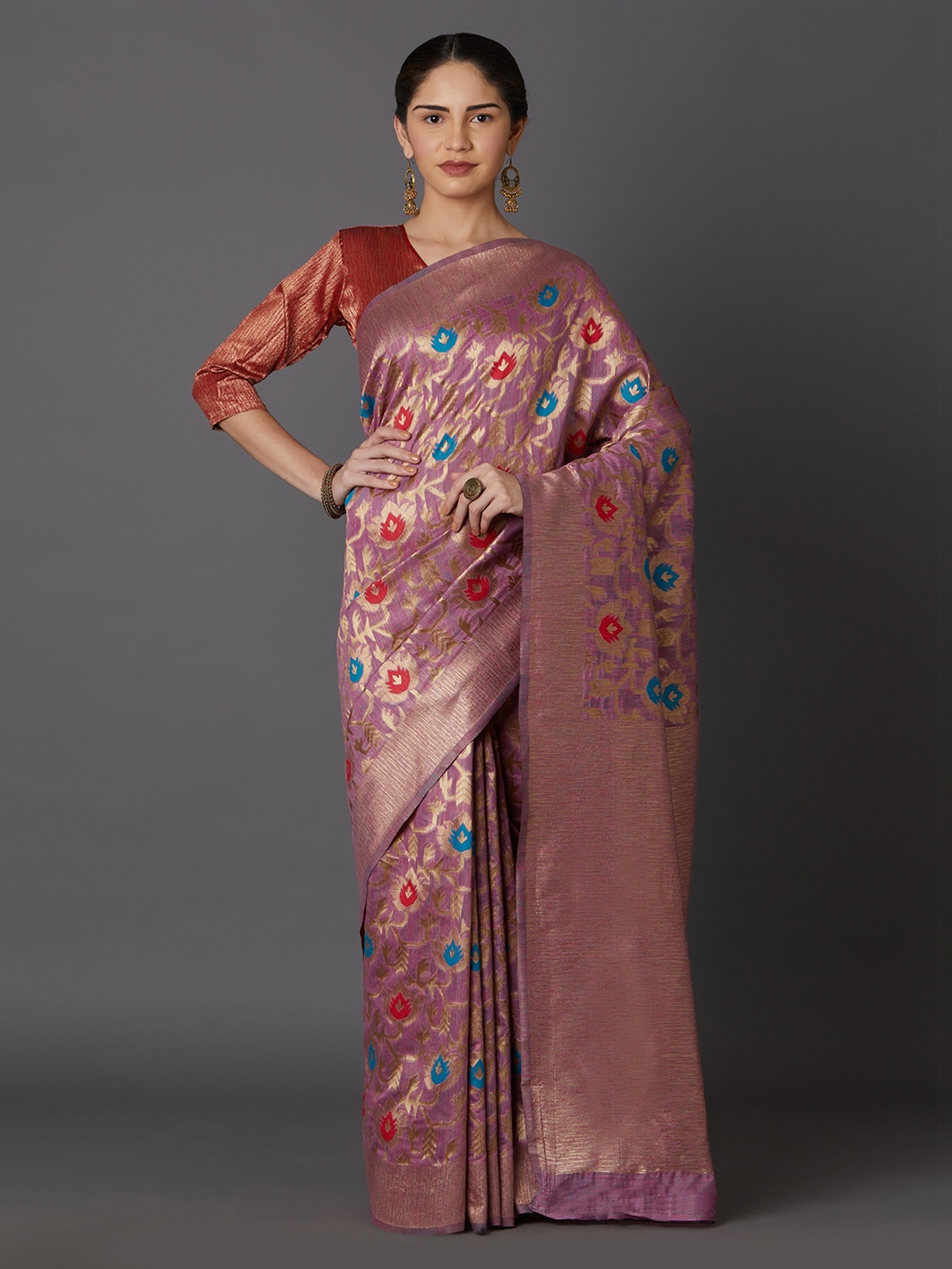 

Mitera Purple & Pink Silk Blend Woven Design Kanjeevaram Saree