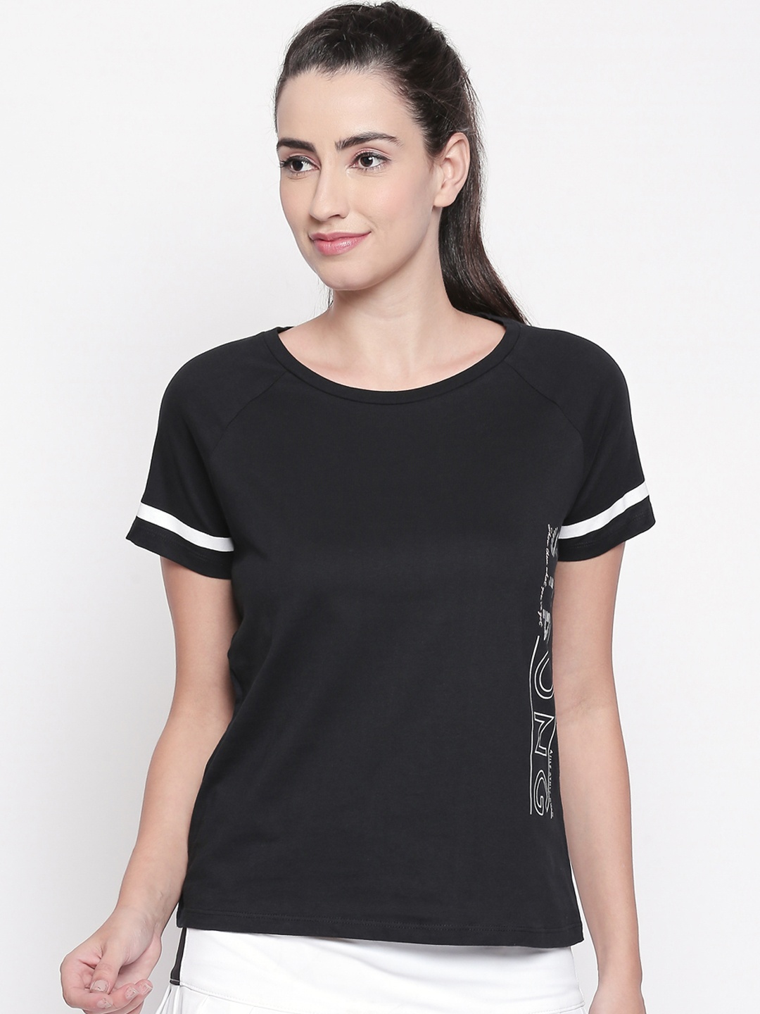 

Ajile by Pantaloons Women Black Solid Round Neck Pure Cotton T-shirt