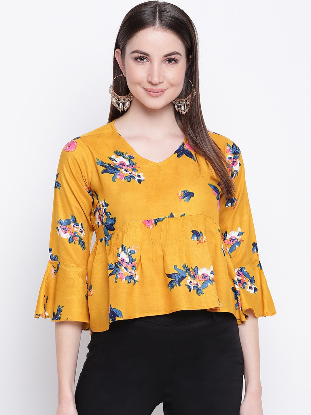 

Mayra Women Yellow Printed A-Line Top