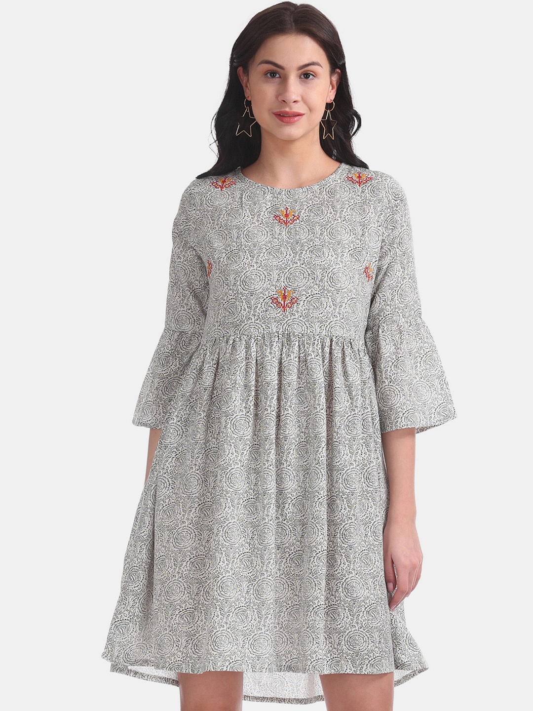 

Bronz Women White Printed Fit and Flare Dress