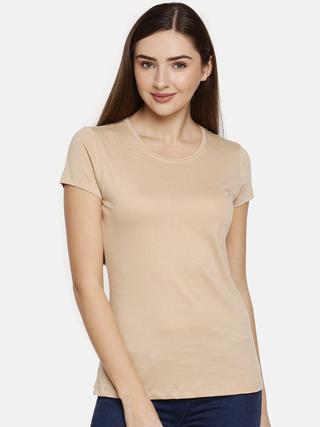 

TWIN BIRDS Women Beige Solid Slim Fit Round Neck Pure Cotton T-shirt