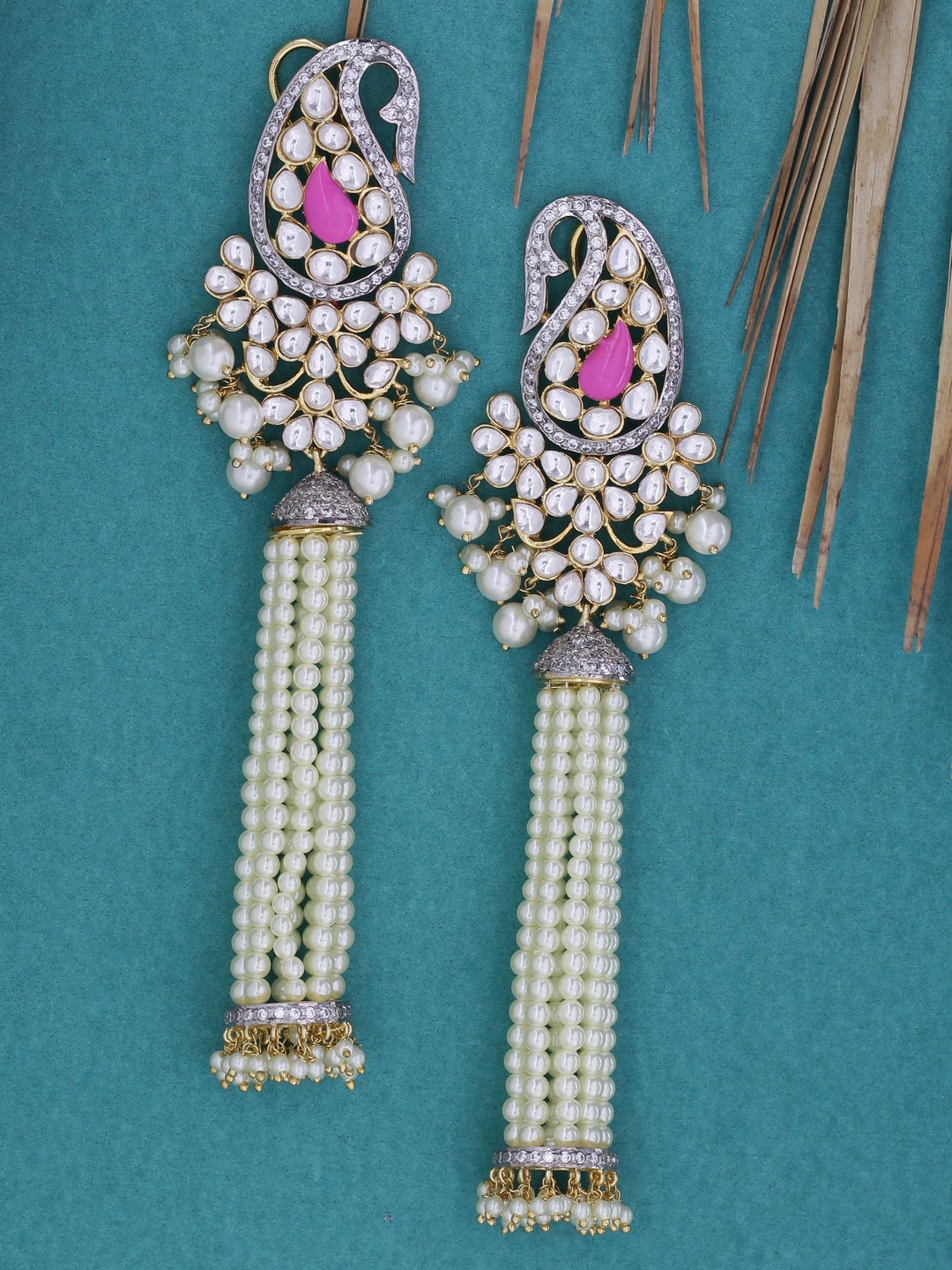

Tistabene Pink & White Paisley Shaped Kundan Gold-Plated Drop Earrings