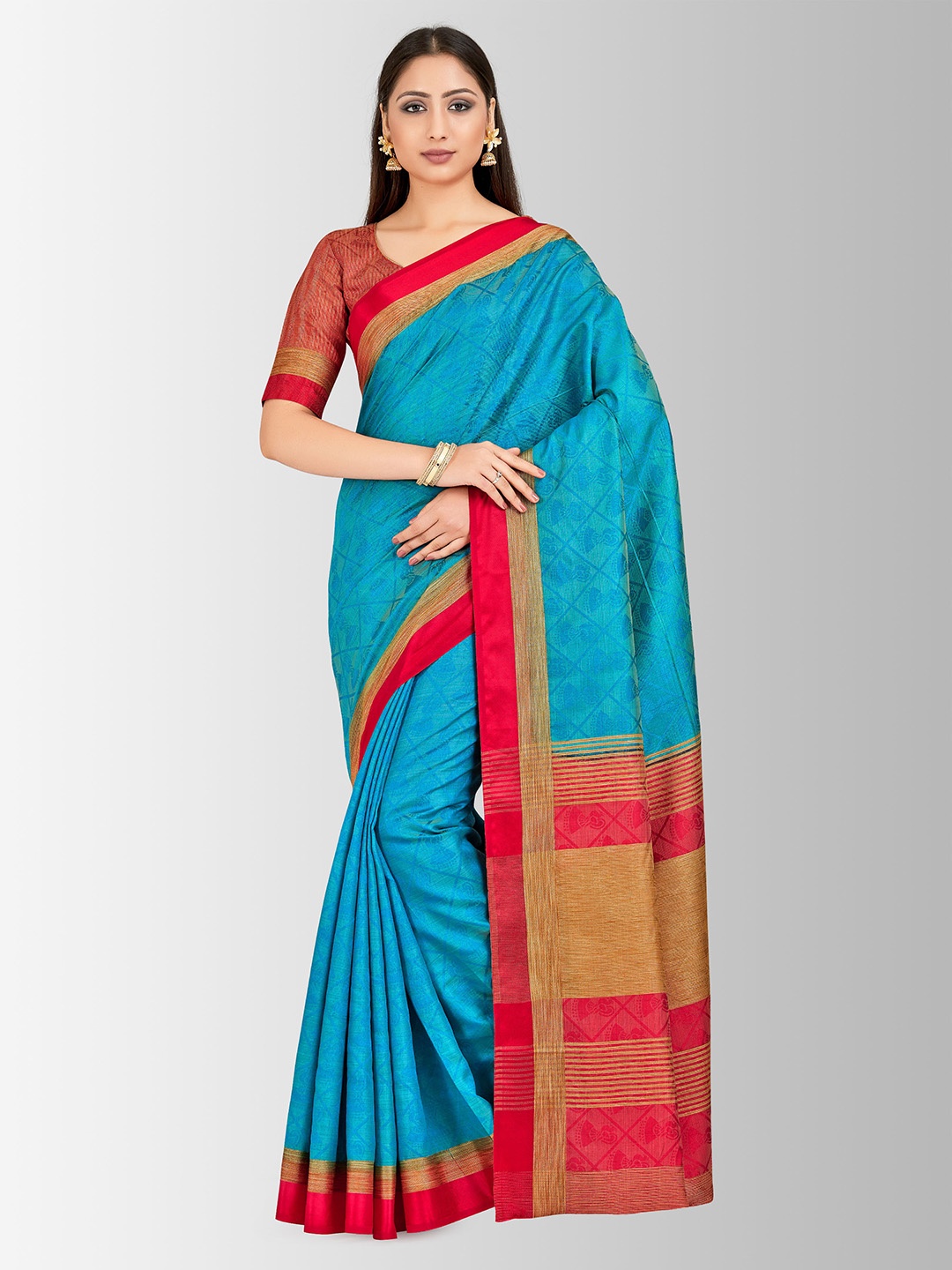 

Mitera Turquoise Blue & Red Art Silk Woven Design Banarasi Saree