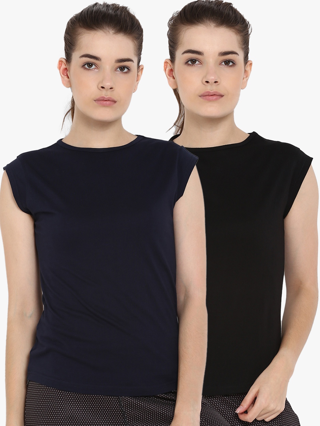 

appulse Women Pack of 2 Black & Navy Blue Solid Round Neck T-shirt
