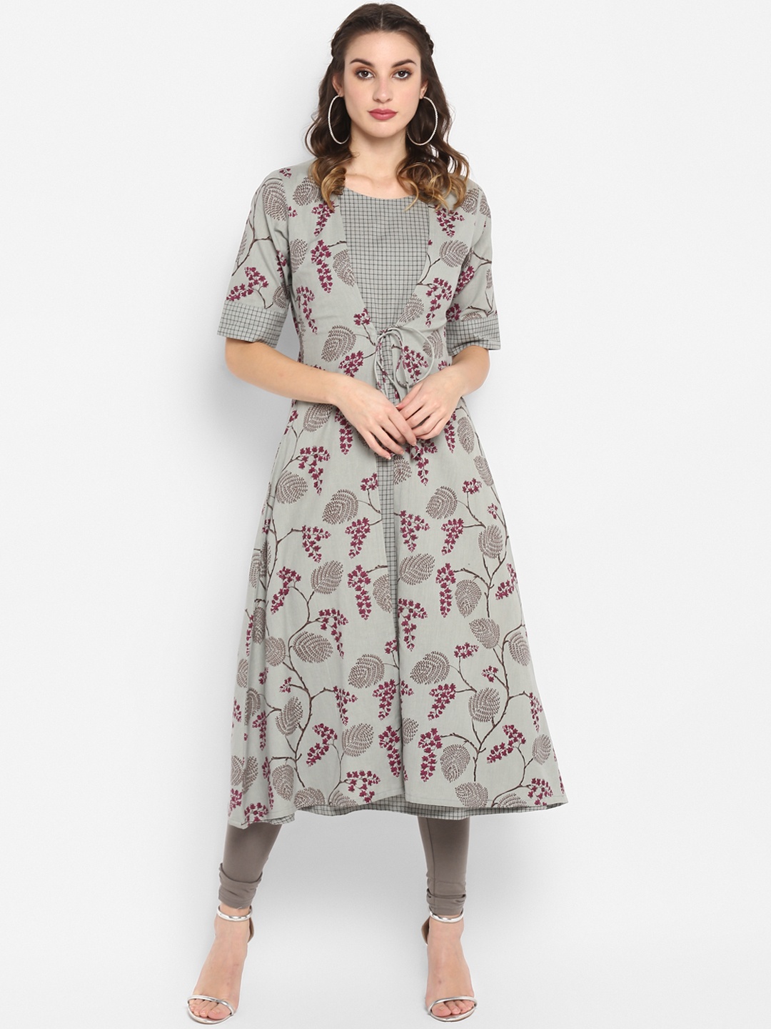 

Janasya Women Grey & Purple Printed A-Line Kurta
