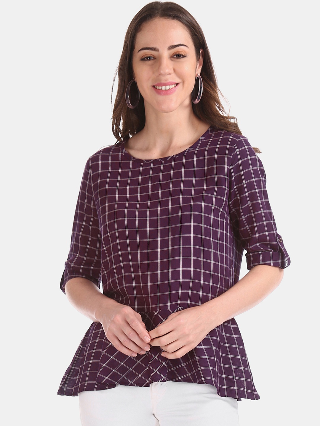 

Cherokee Women Purple Checked Peplum Top