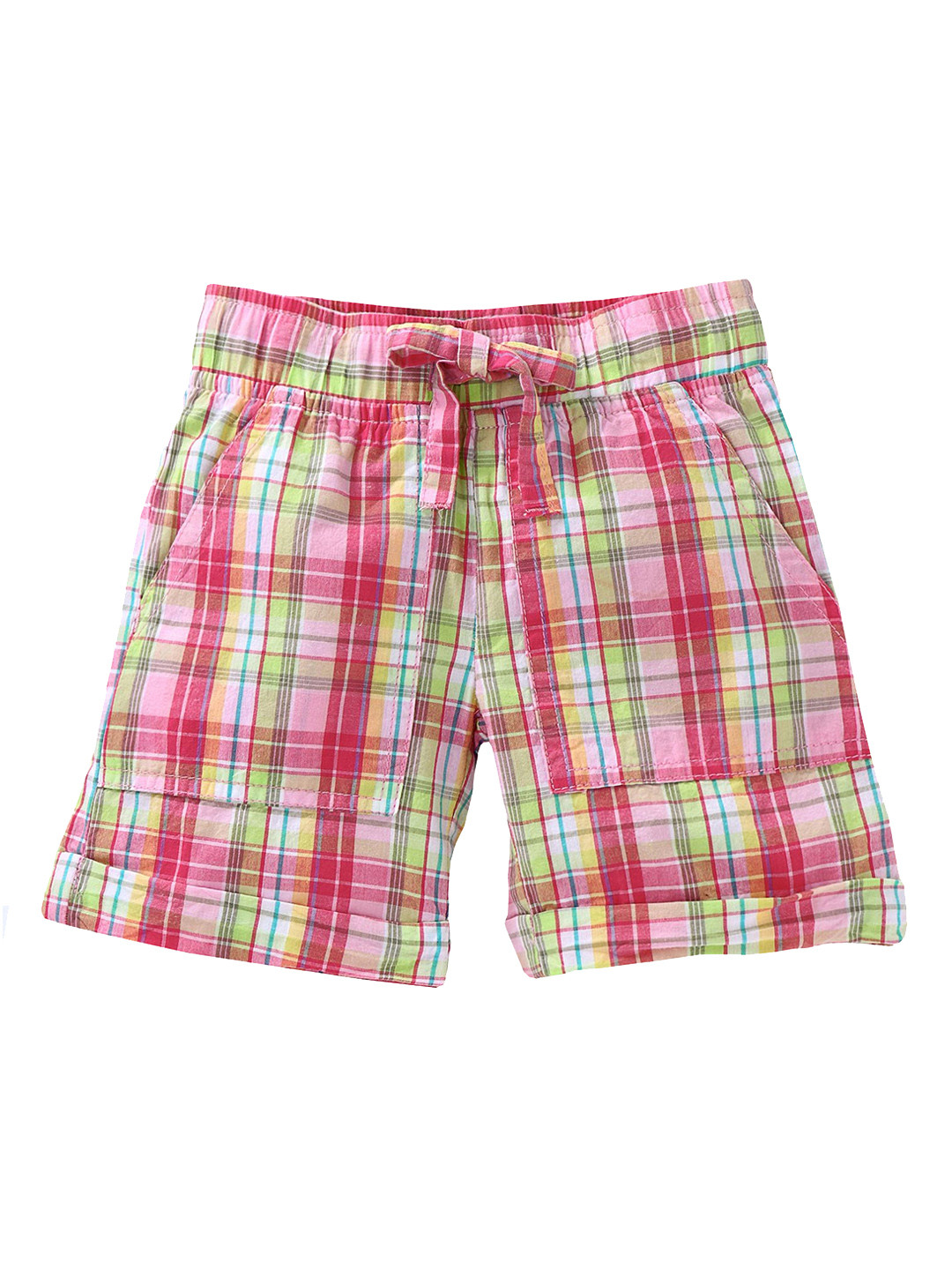 

KiddoPanti Girls Pink & Green Checked Regular Shorts