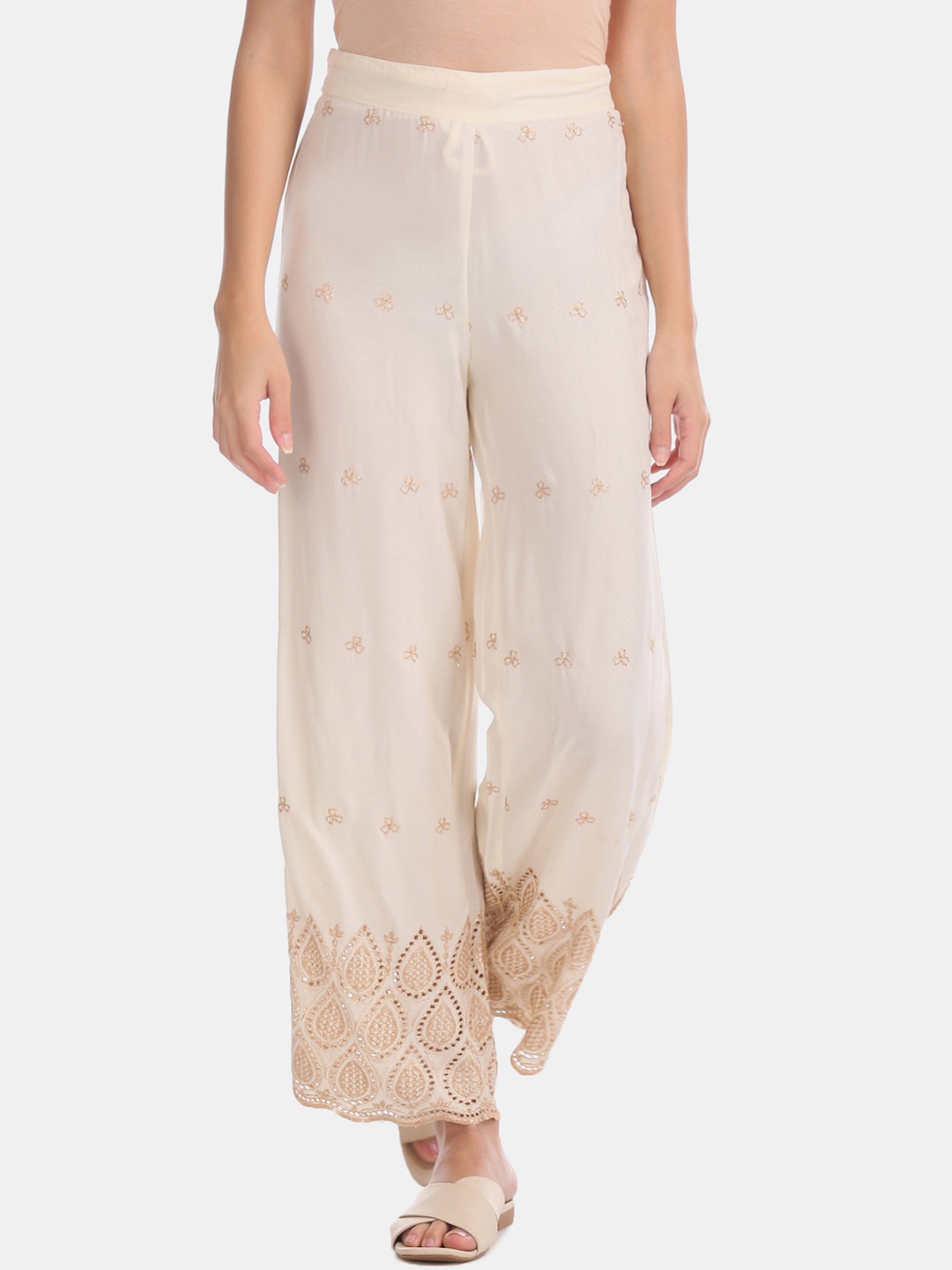 

Anahi Women Cream-Coloured Embroidered Flared Palazzos