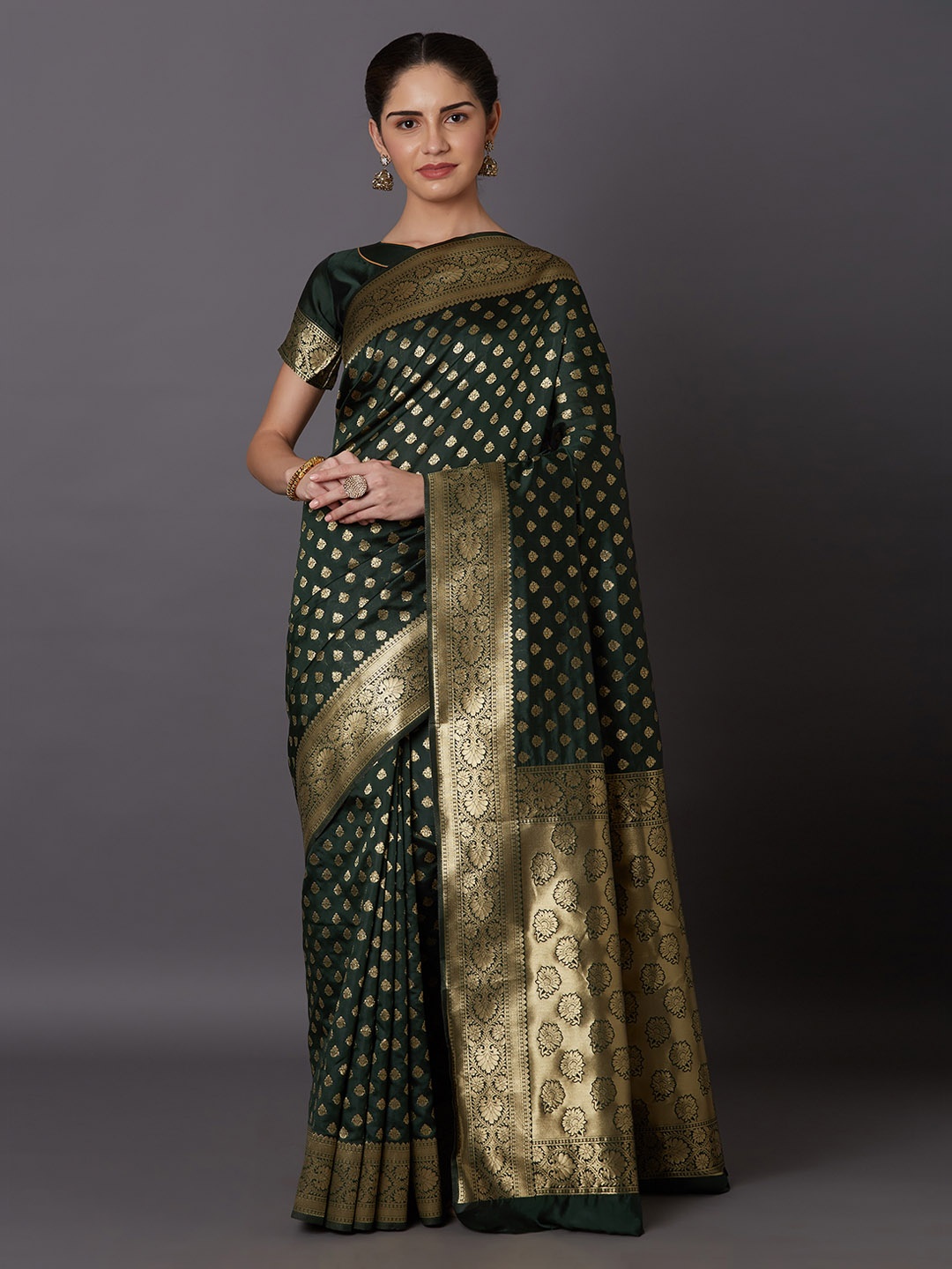 

Mitera Olive Green & Gold-Coloured Silk Blend Woven Design Kanjeevaram Saree