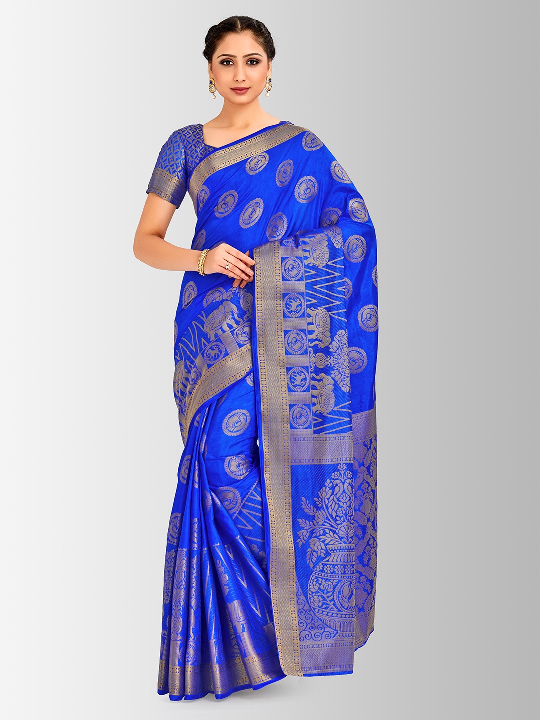 

Mitera Blue & Gold-Toned Art Silk Woven Design Kanjeevaram Saree