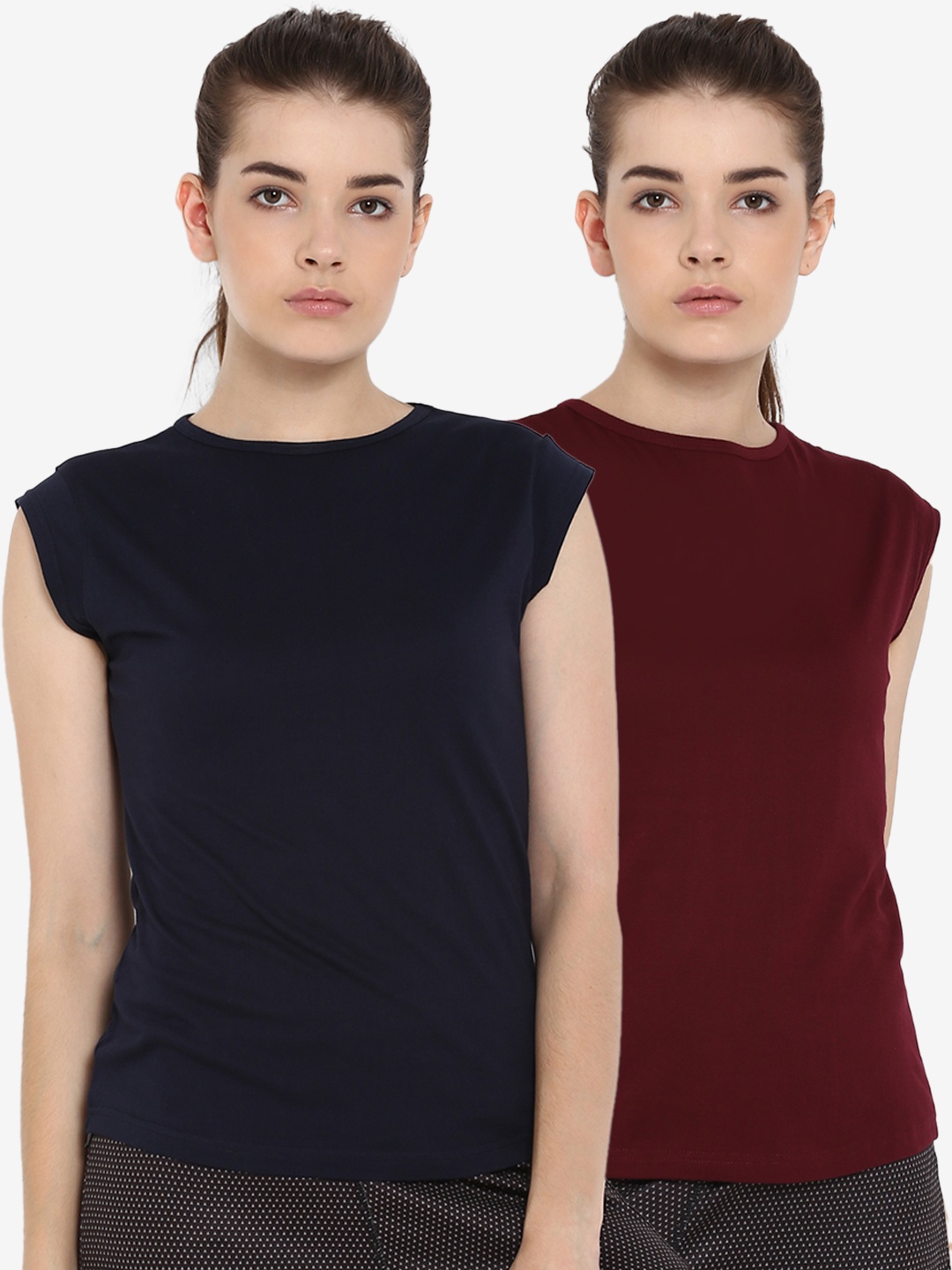 

appulse Women Pack Of 2 Solid Round Neck T-shirt, Navy blue