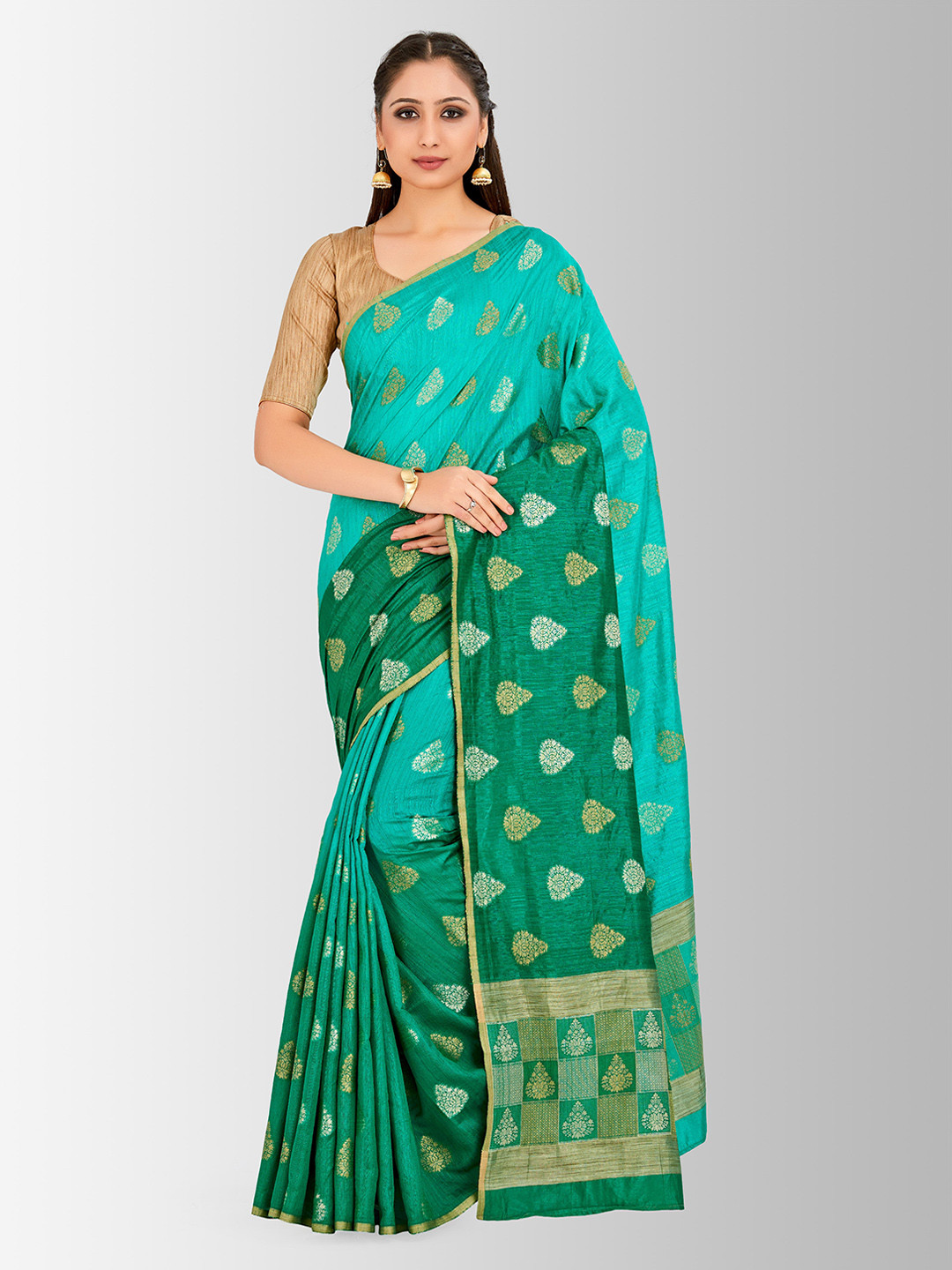 

Mitera Turquoise Blue & Green Linen Blend Woven Design Banarasi Saree