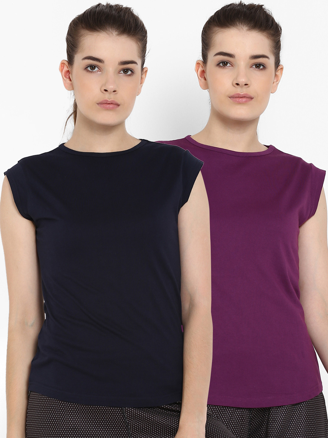 

appulse Women Pack of 2 Solid Round Neck T-shirts, Navy blue
