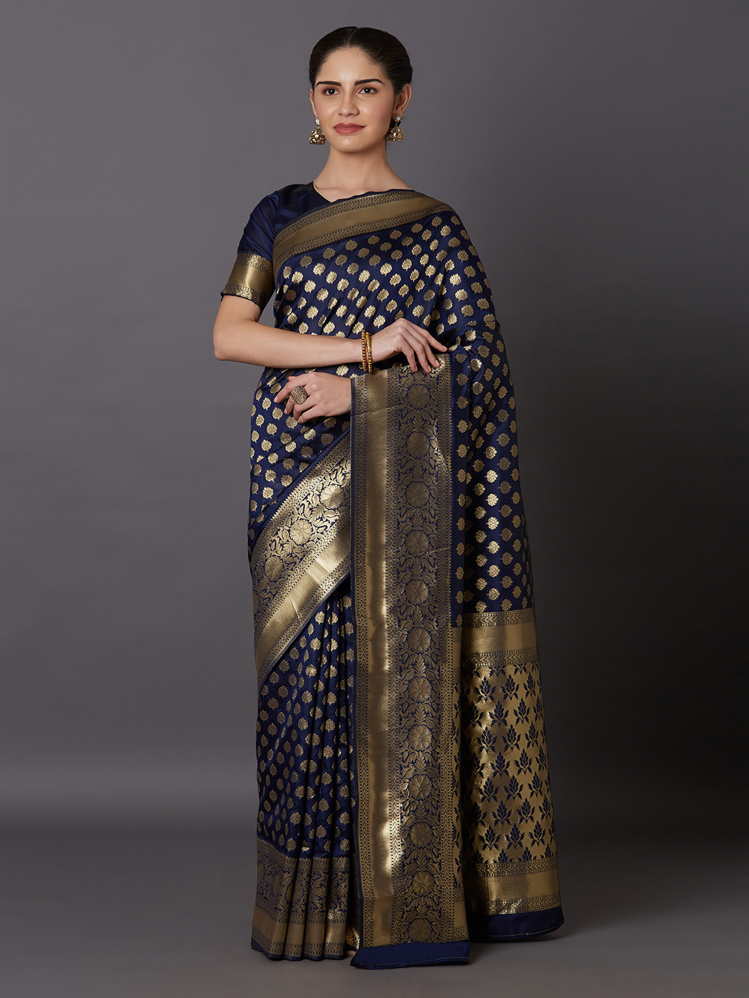 

Mitera Navy Blue Silk Blend Woven Design Kanjeevaram Saree