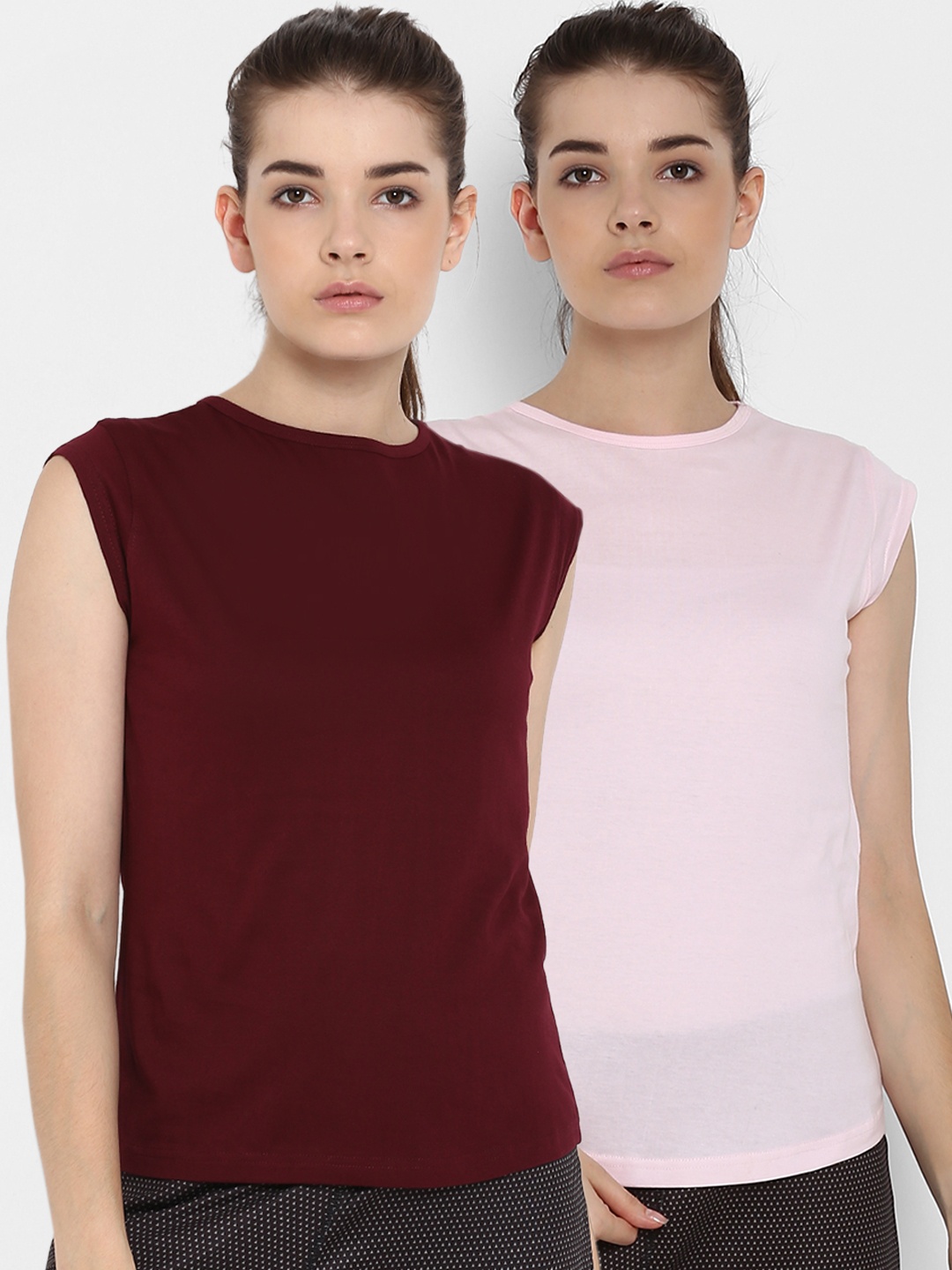 

appulse Women Pack of 2 Maroon & Pink Solid Round Neck T-shirt