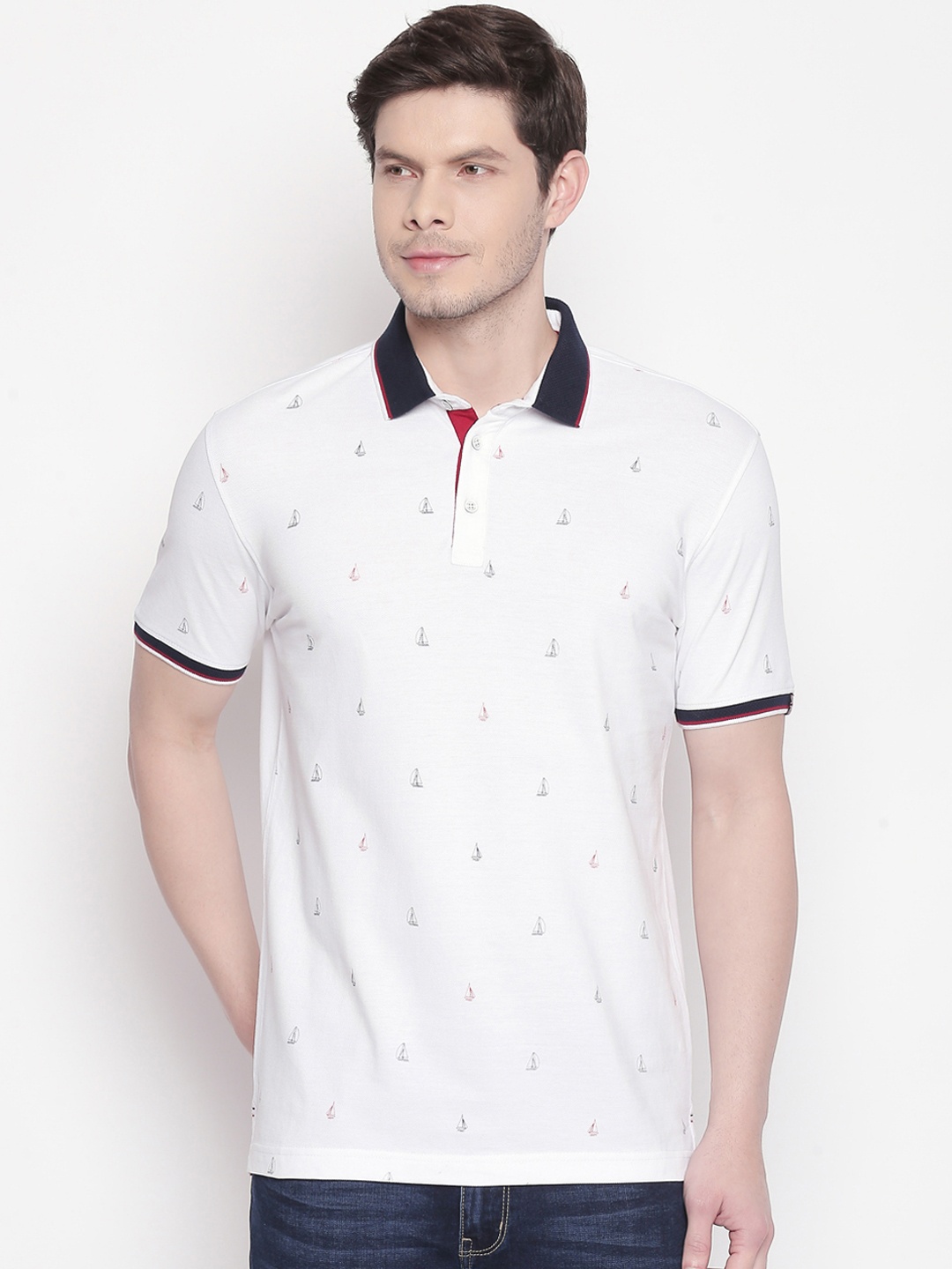 BYFORD by Pantaloons Men White Printed Polo Collar Pure Cotton T-shirt