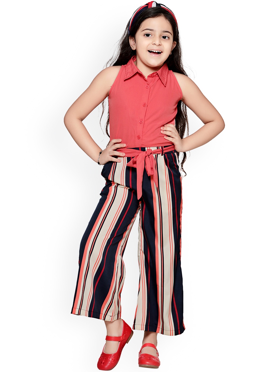 

LilPicks Girls Orange & Black Striped Basic Jumpsuit