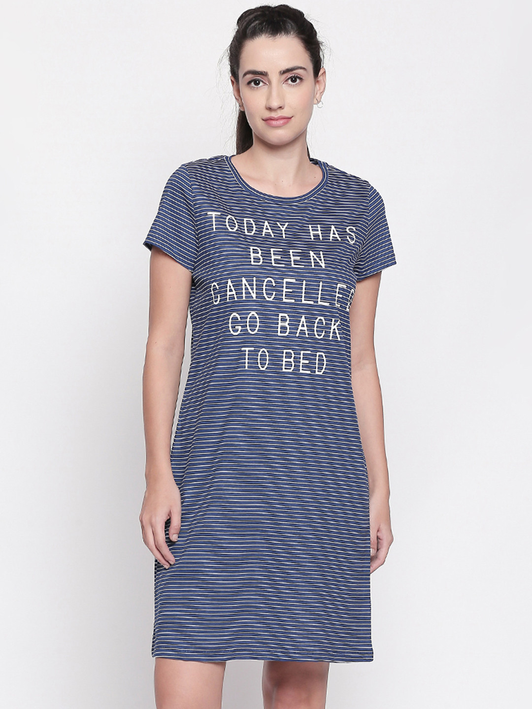 

Dreamz by Pantaloons Navy Blue & White Striped Pure Cotton Sleep Shirt