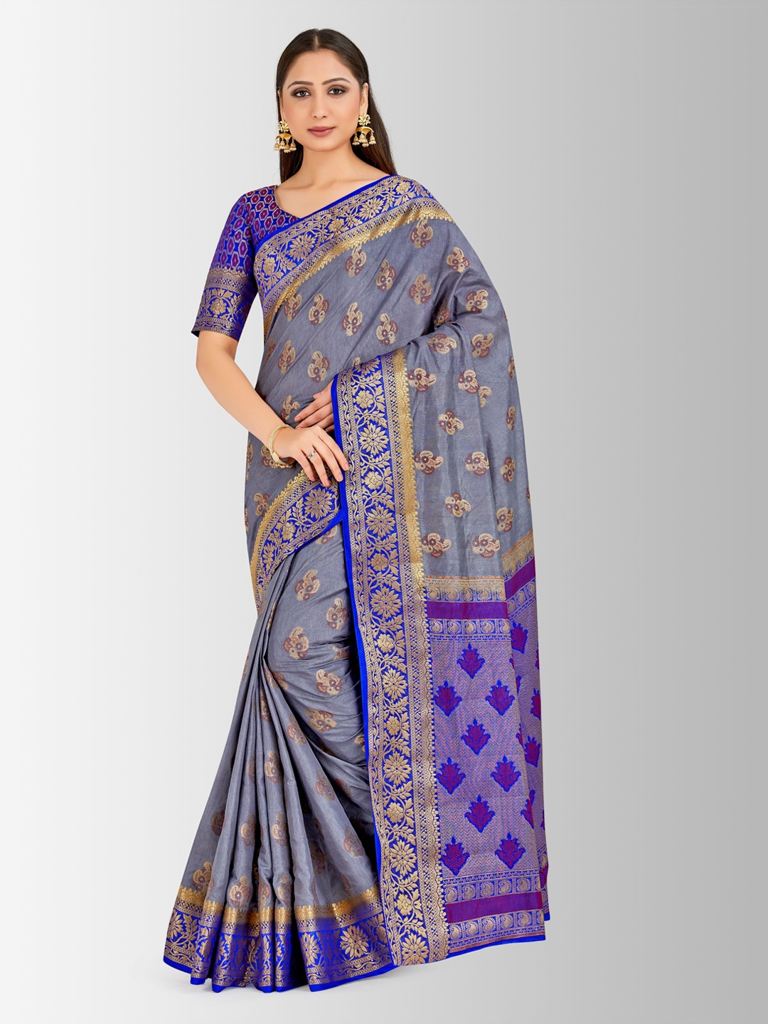 

Mitera Grey & Blue Art Silk Woven Design Paithani Saree