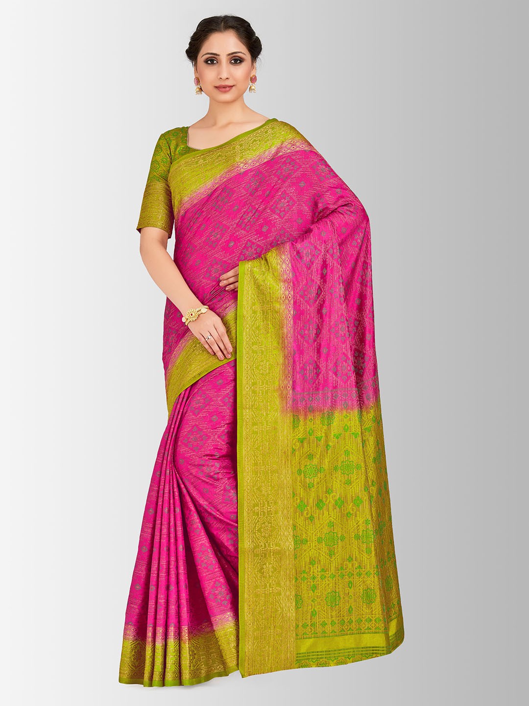 

Mitera Pink & Green Art Silk Printed Patola Saree