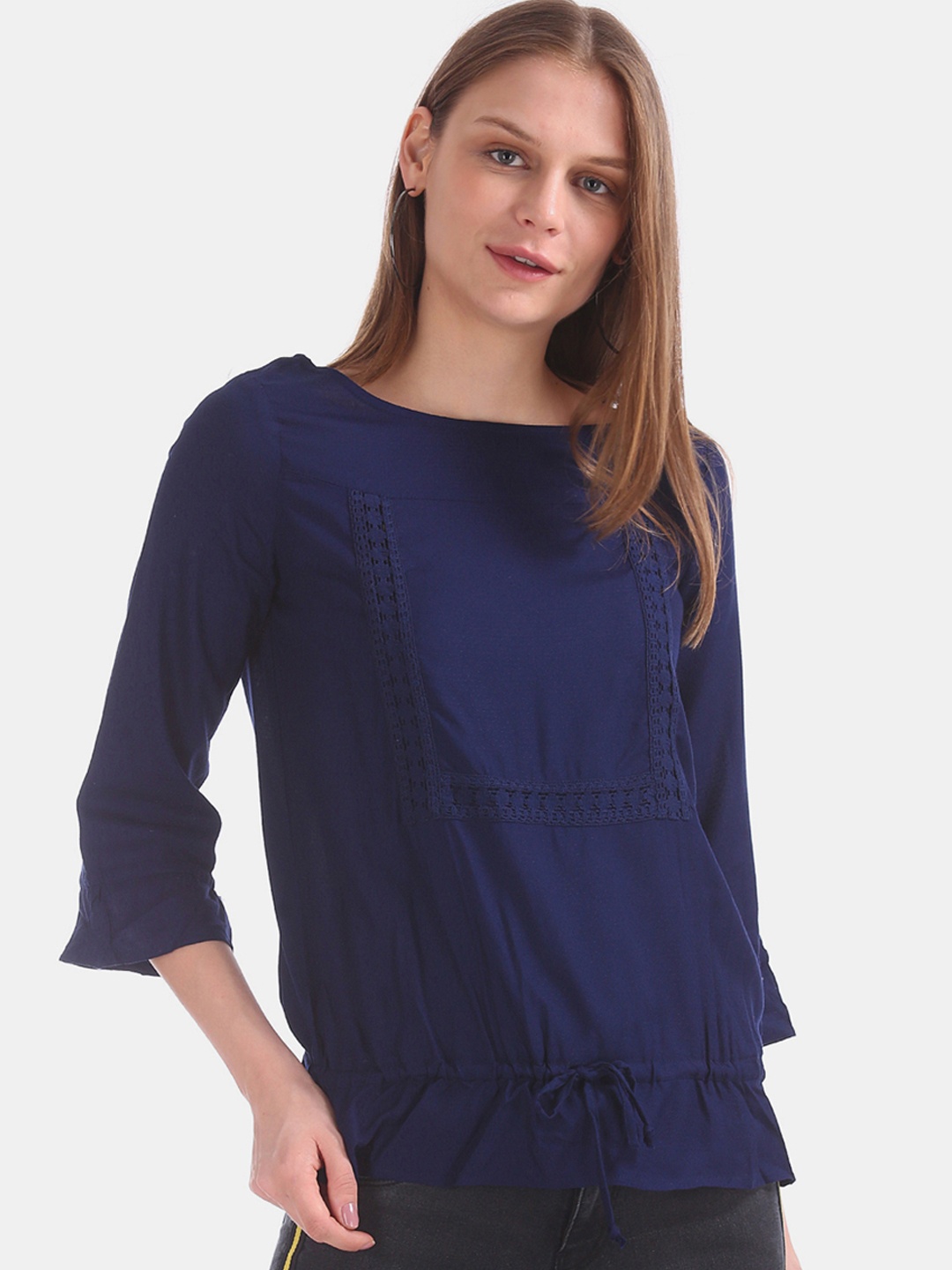 

Cherokee Women Blue Printed Cinched Waist Top