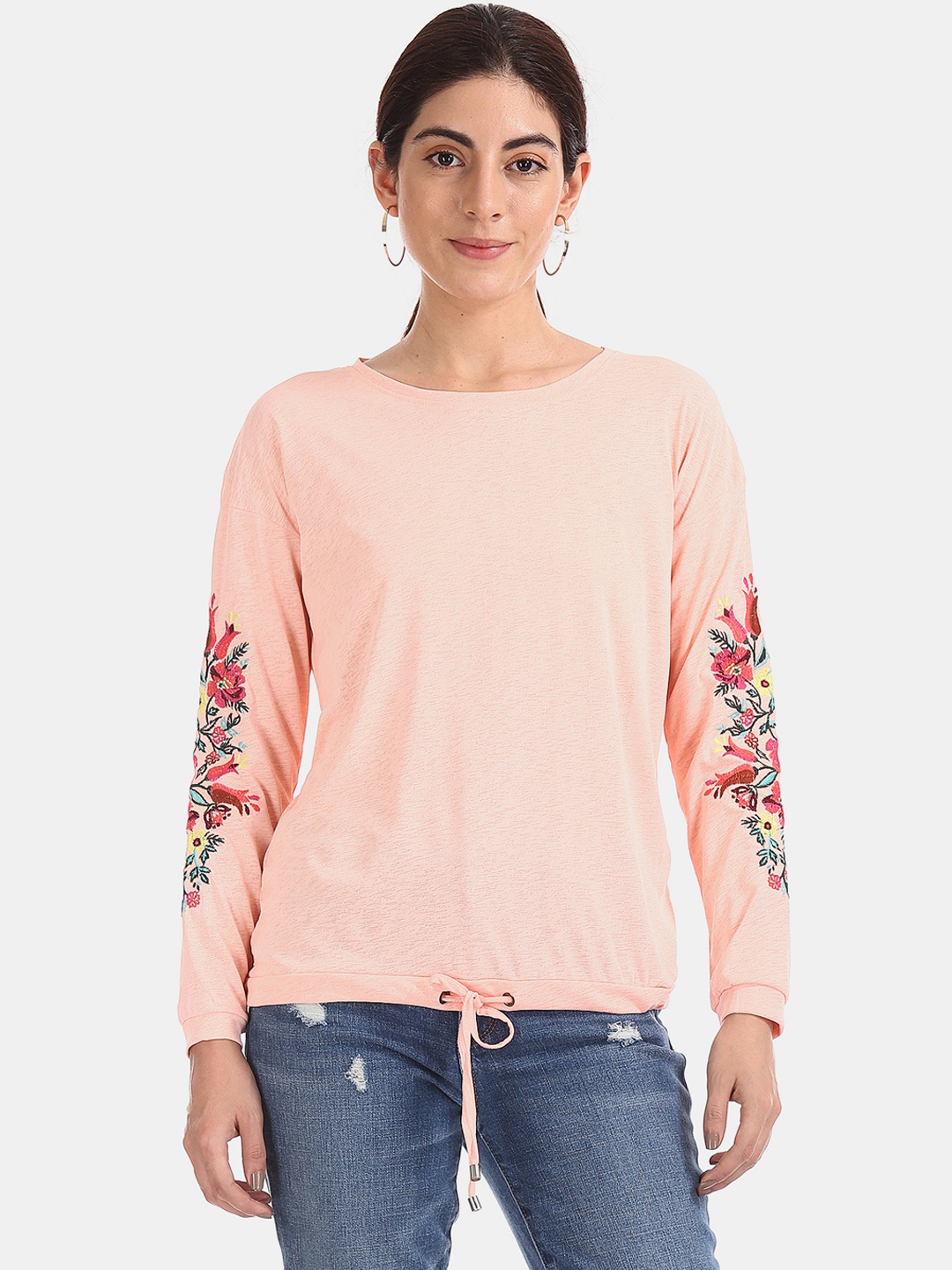 

Sugr Women Peach-Coloured Floral Embroidered Tie-Up Hem Top