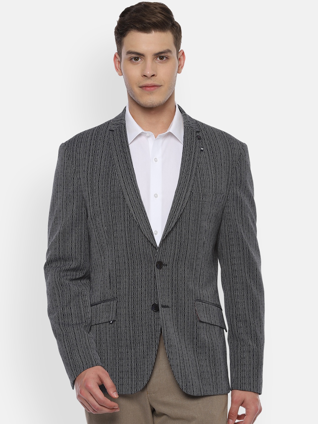 

V Dot Men Grey Self-Design Single-Breasted Slim-Fit Blazer