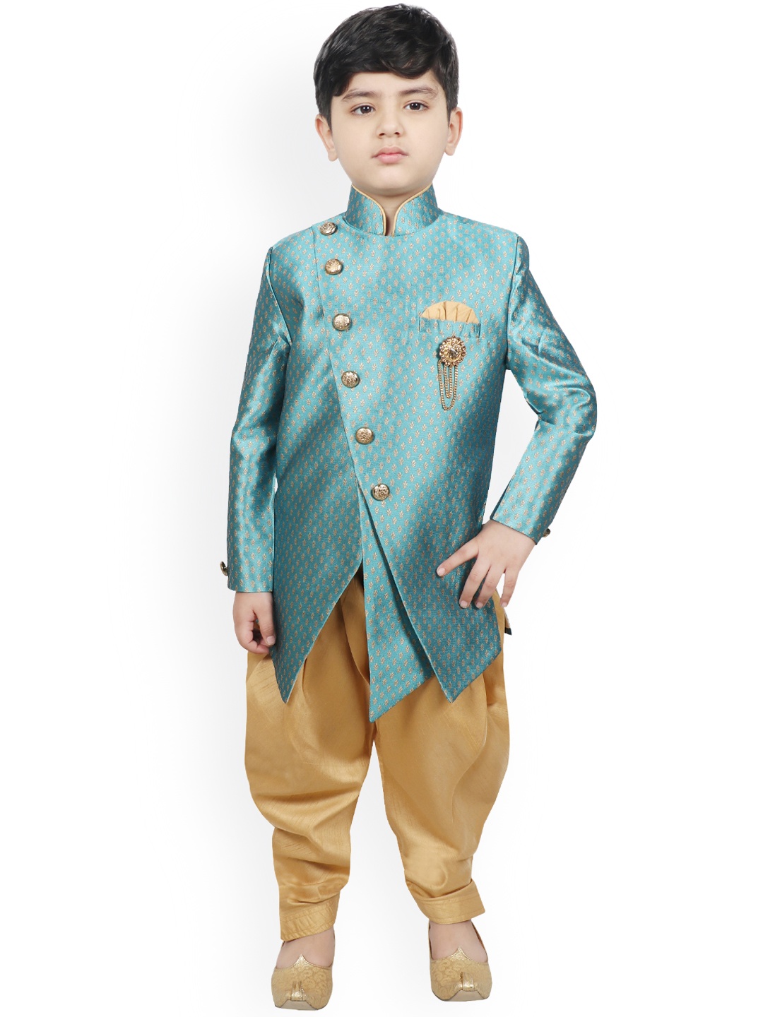 

SG YUVRAJ Boys Teal Blue & Brown Woven Design Sherwani Set, Turquoise blue