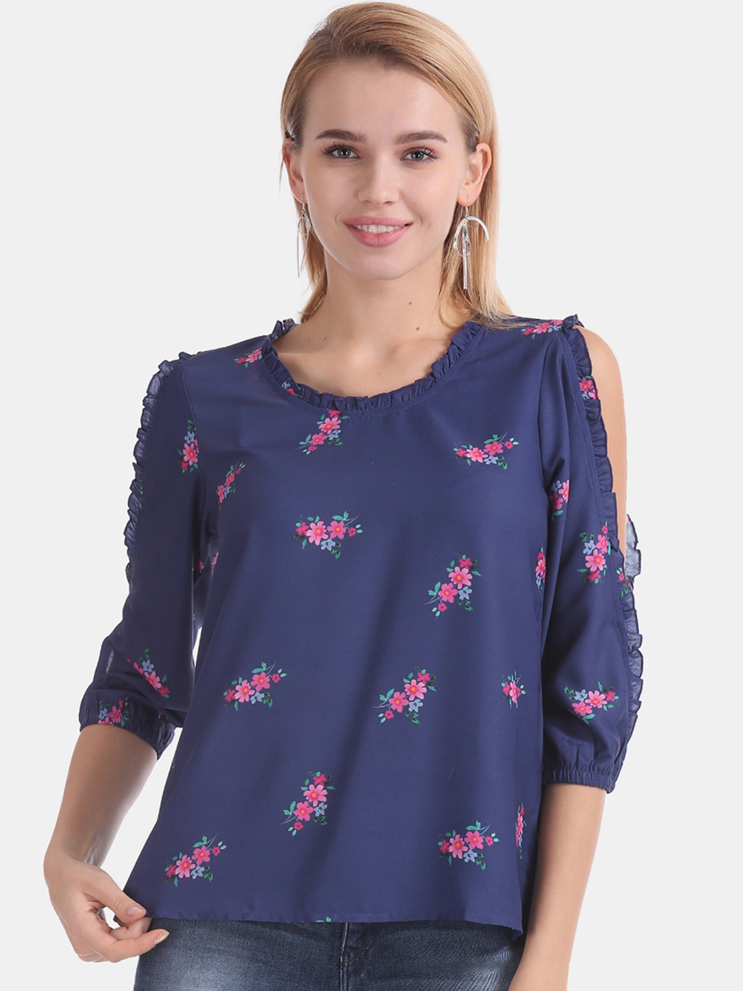 

Cherokee Women Blue Floral Print A-Line Top