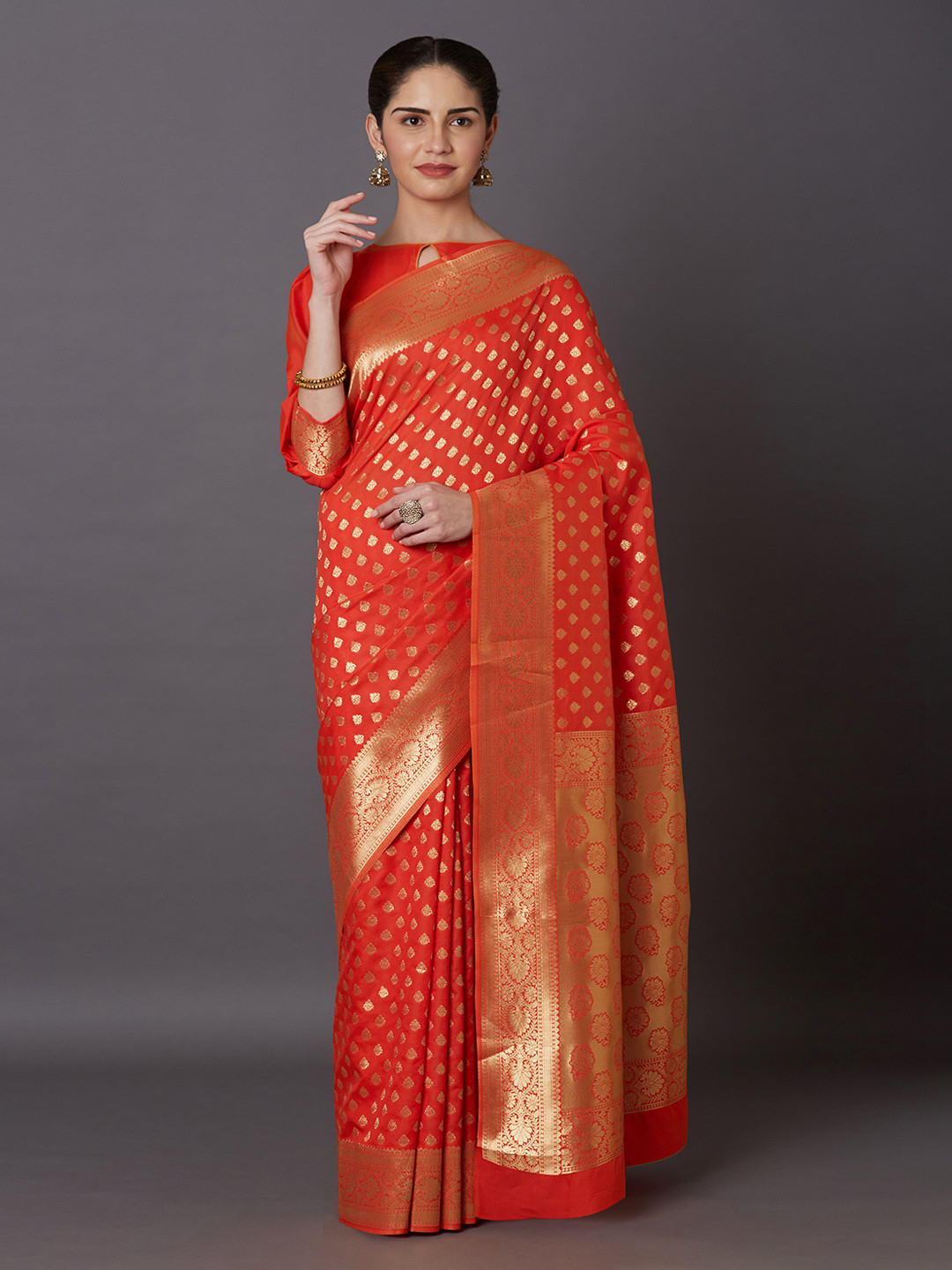 

Mitera Orange & Gold-Toned Silk Blend Woven Design Kanjeevaram Saree