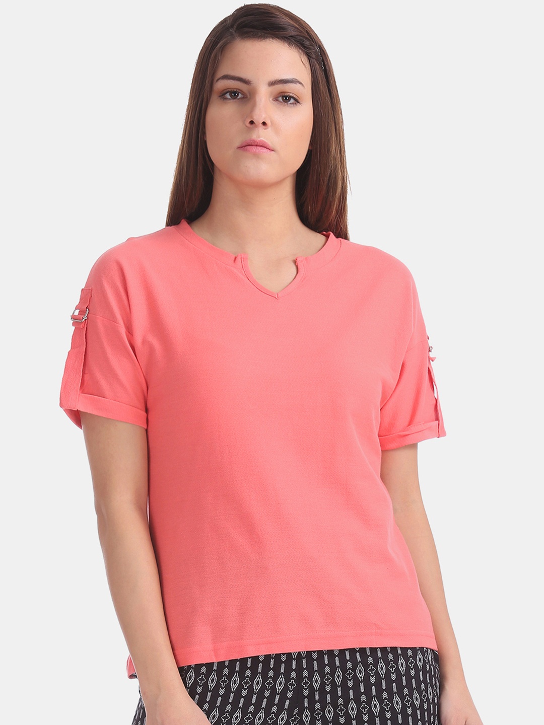 

Cherokee Women Peach-Coloured Solid Pure Cotton Top