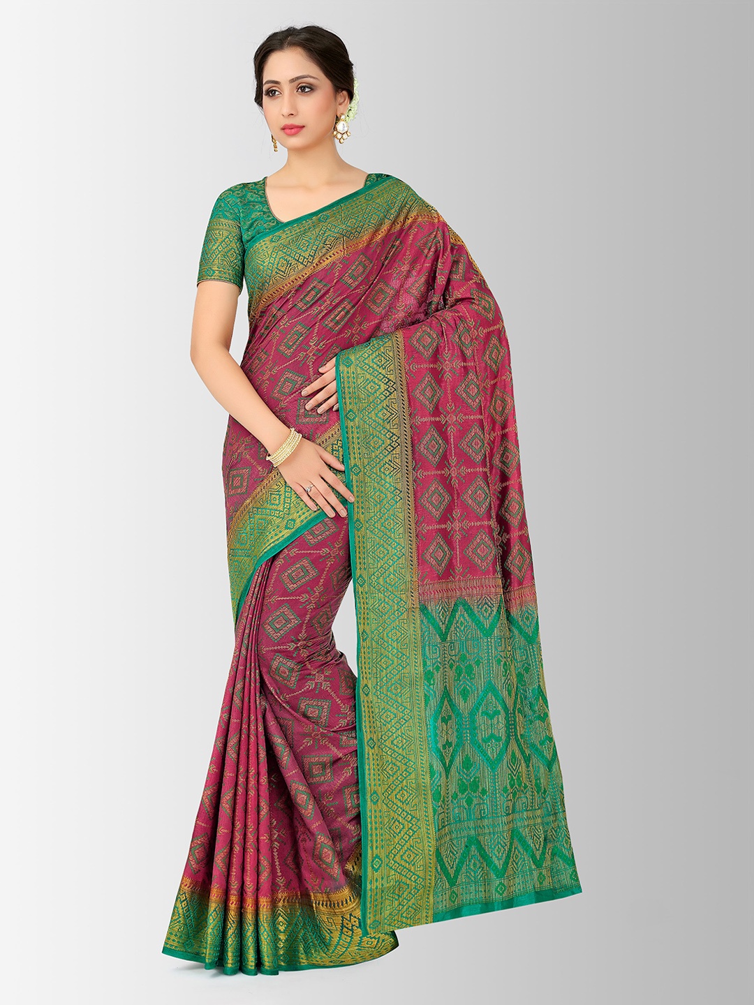 

Mitera Pink & Green Art Silk Embellished Patola Saree