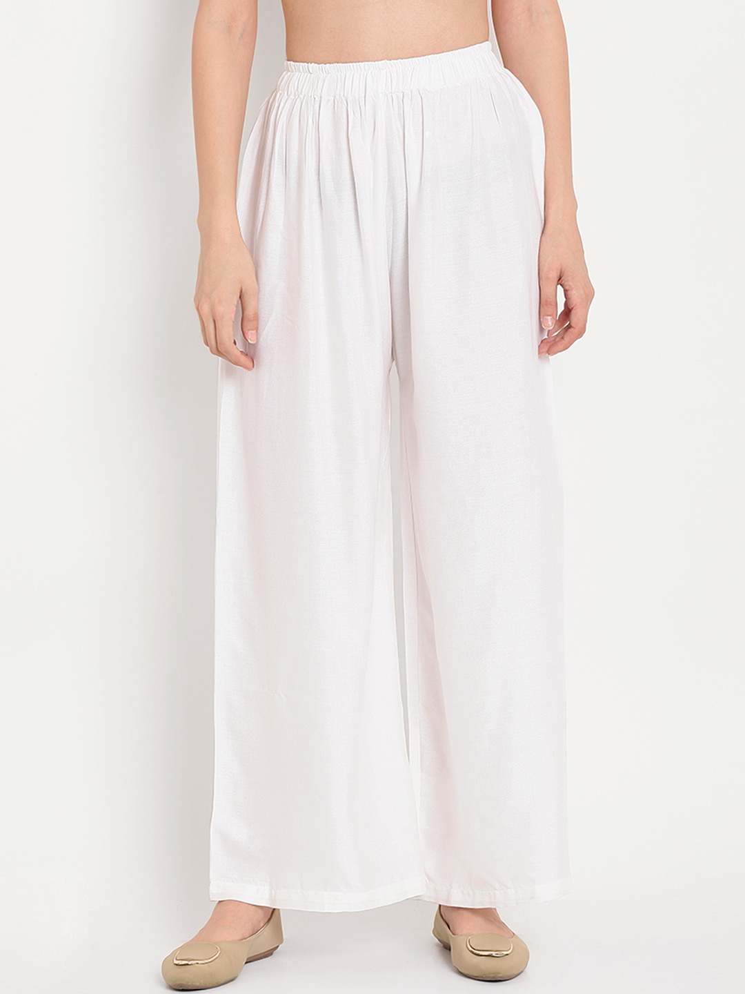 

TAG 7 Women White Solid Straight Palazzos