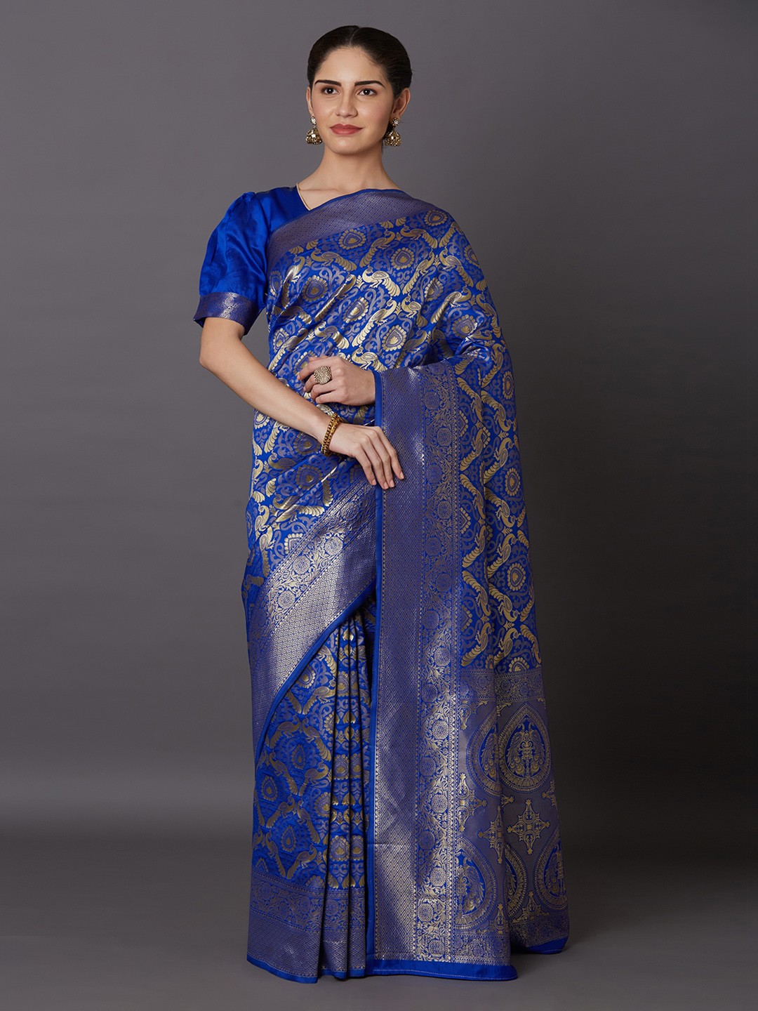 

Mitera Blue Silk Blend Woven Design Kanjeevaram Saree