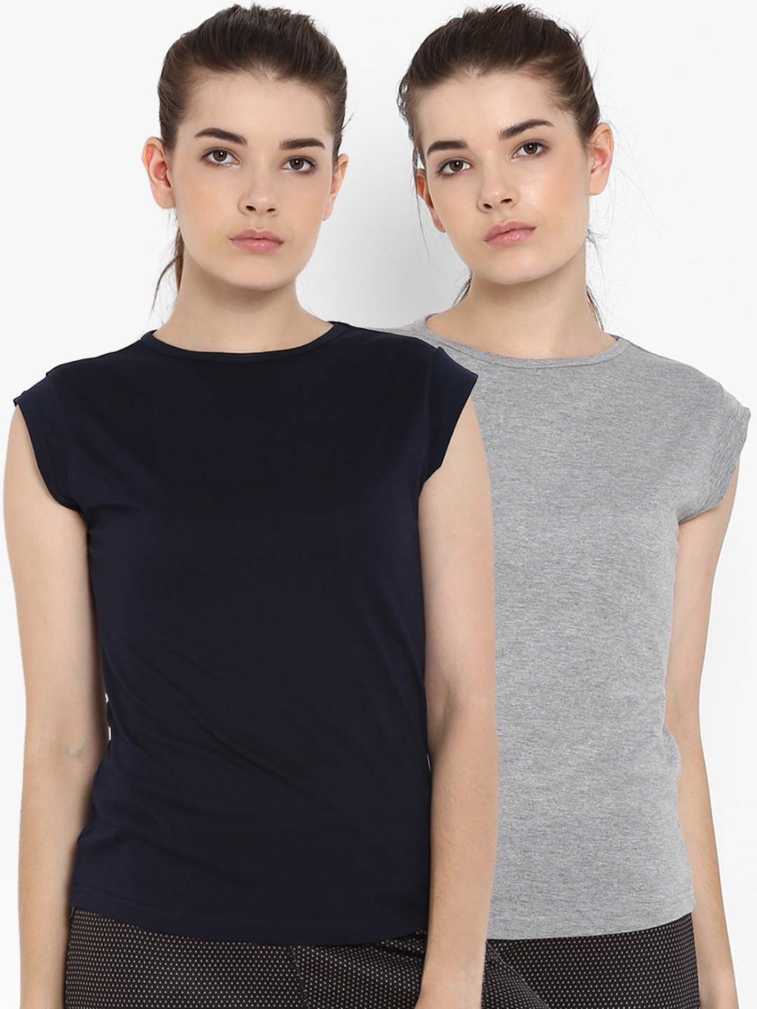 

appulse Women Pack of 2 Grey & Navy Blue Solid Round Neck T-shirt