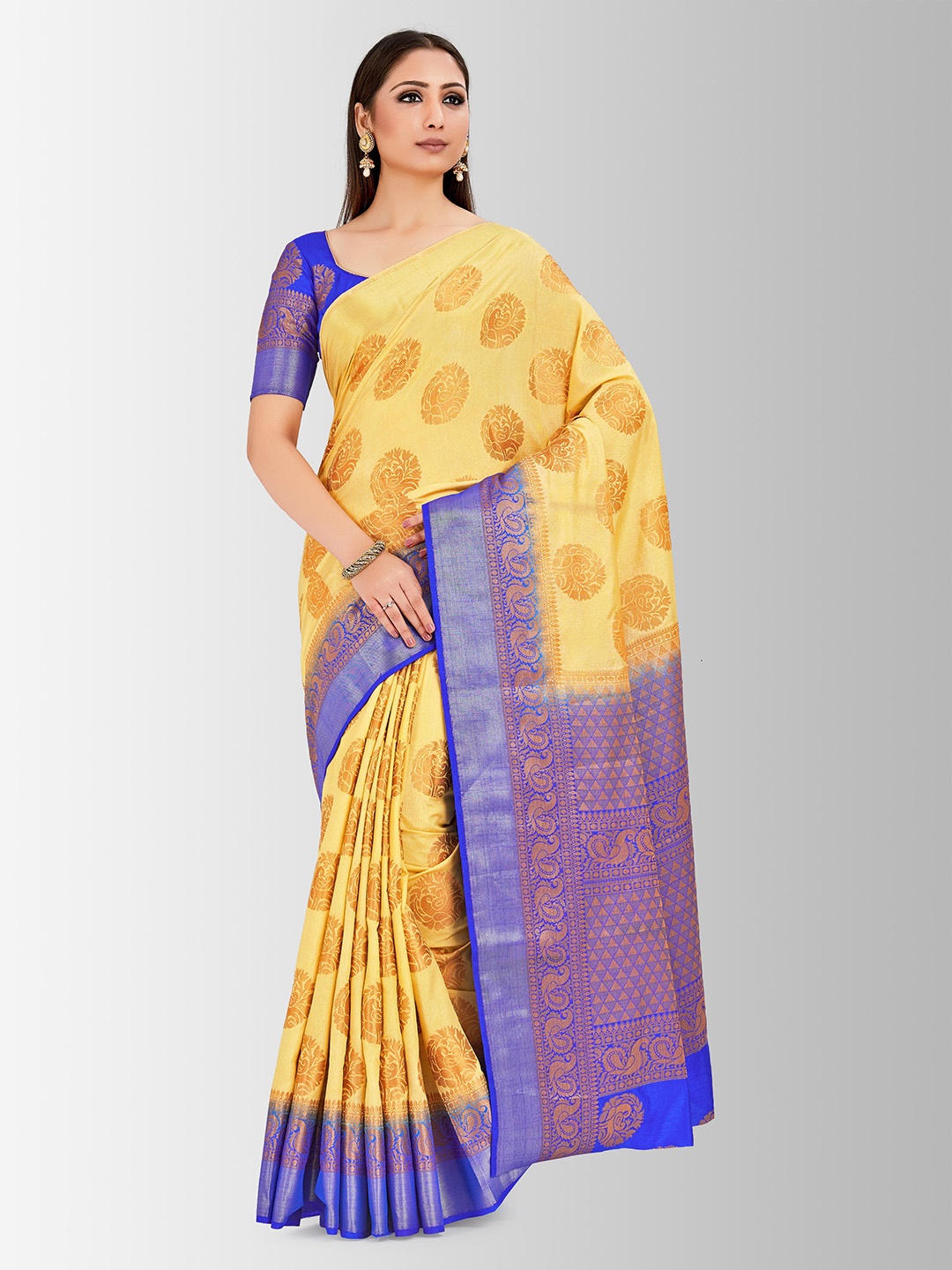 

Mitera Yellow & Blue Art Silk Woven Design Kanjeevaram Saree