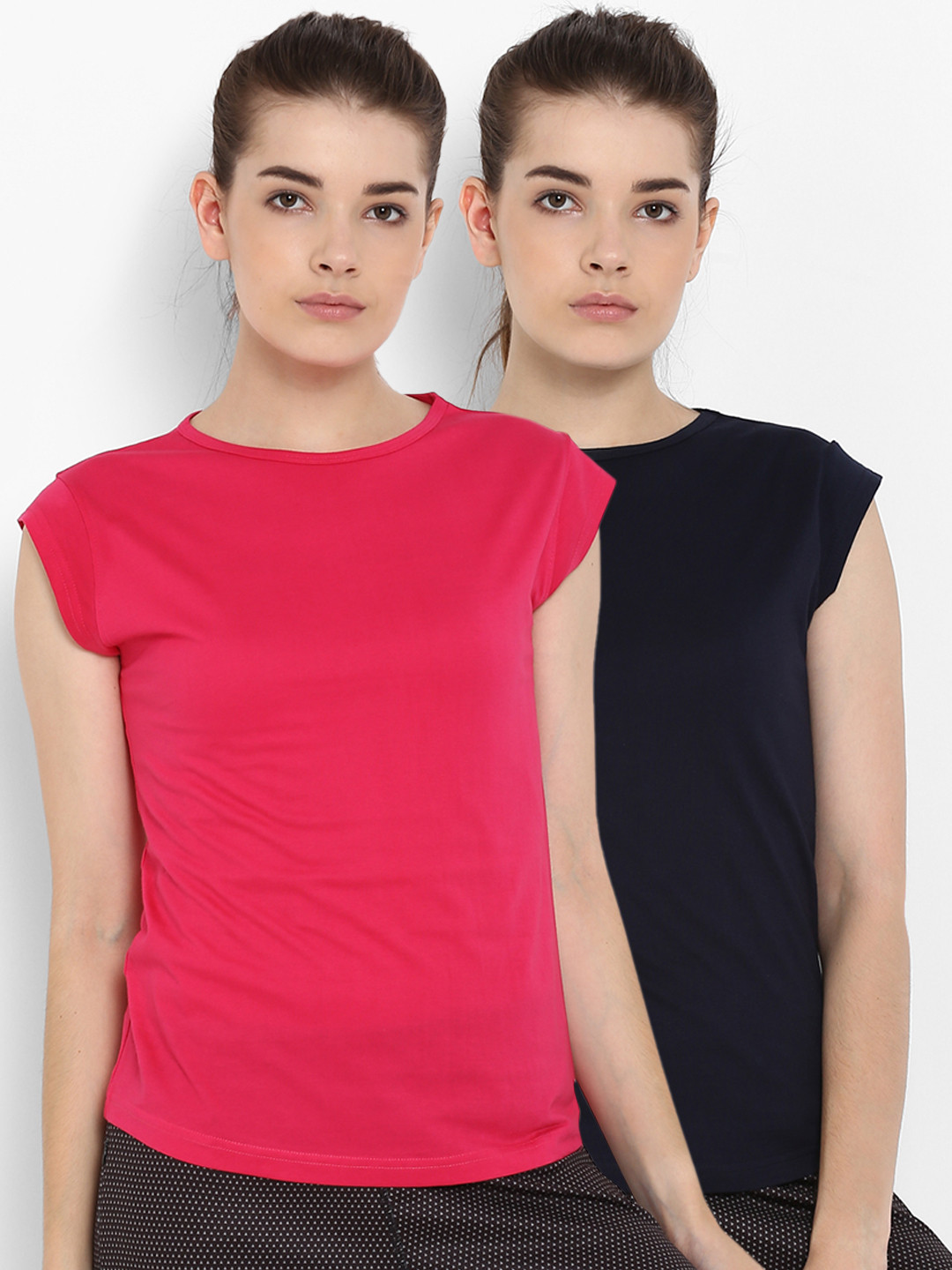 

appulse Women Pack of 2 Navy Blue & Pink Solid Round Neck T-shirt