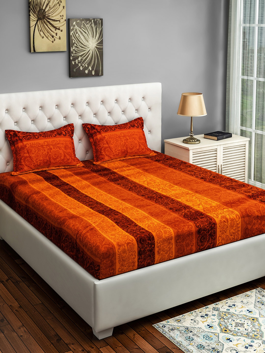 

SWAYAM Orange Floral 250 TC Cotton 1 King Bedsheet with 2 Pillow Covers