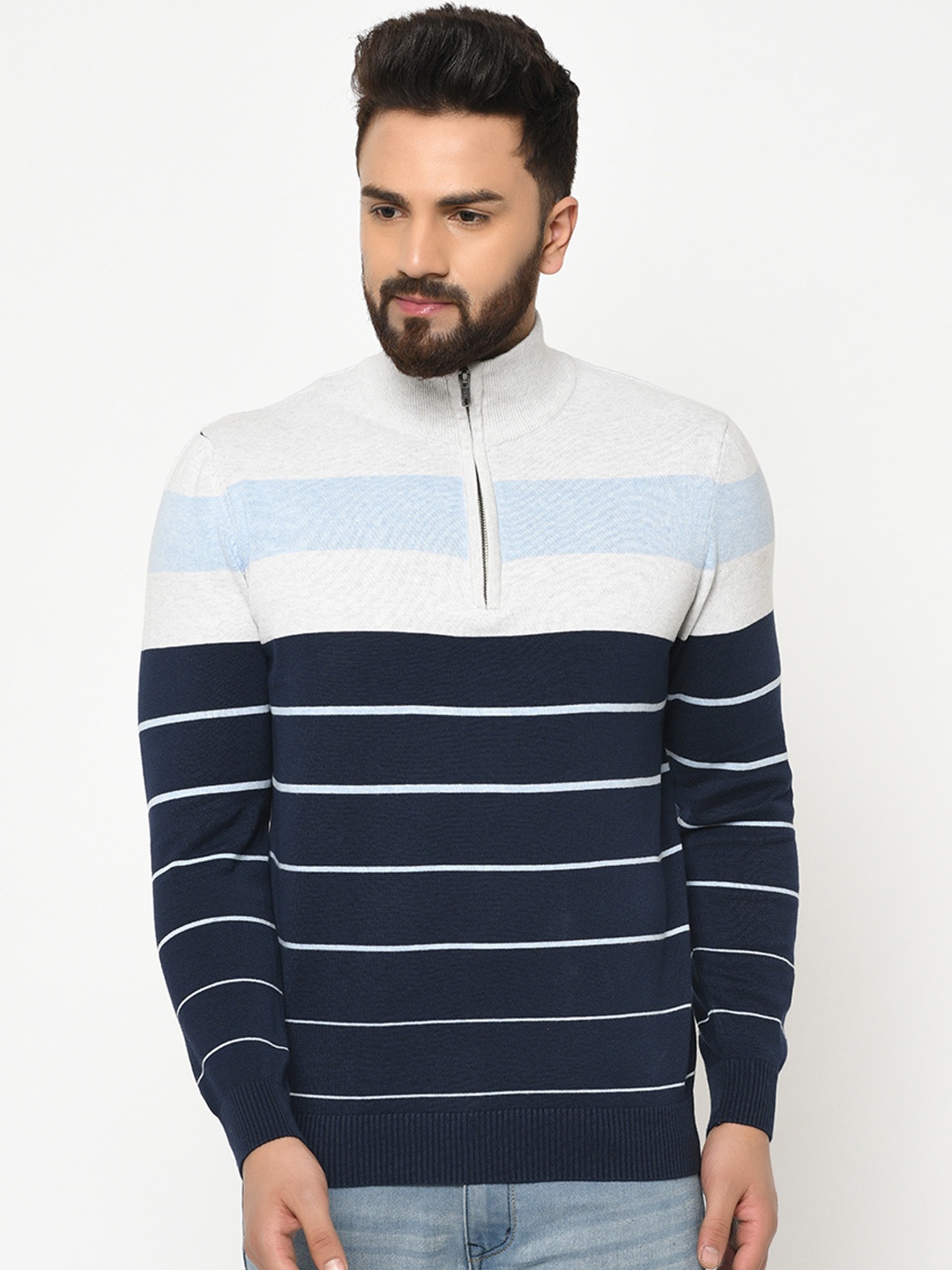 

ARMISTO Men Off-White & Blue Striped Half Zipper Sweater