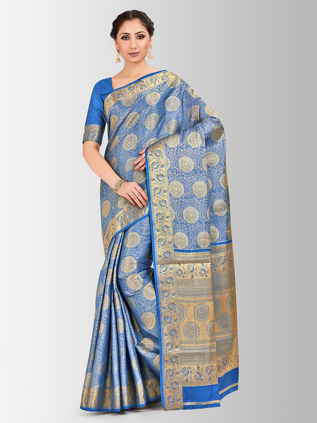 

Mitera Blue & Gold-Coloured Art Silk Woven Design Kanjeevaram Saree