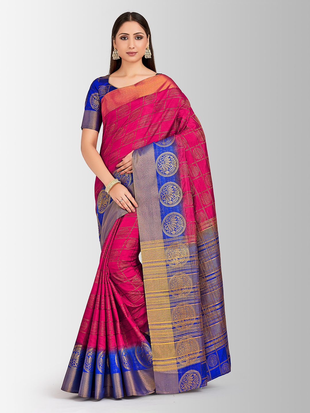 

Mitera Pink & Blue Art Silk Woven Design Kanjeevaram Saree