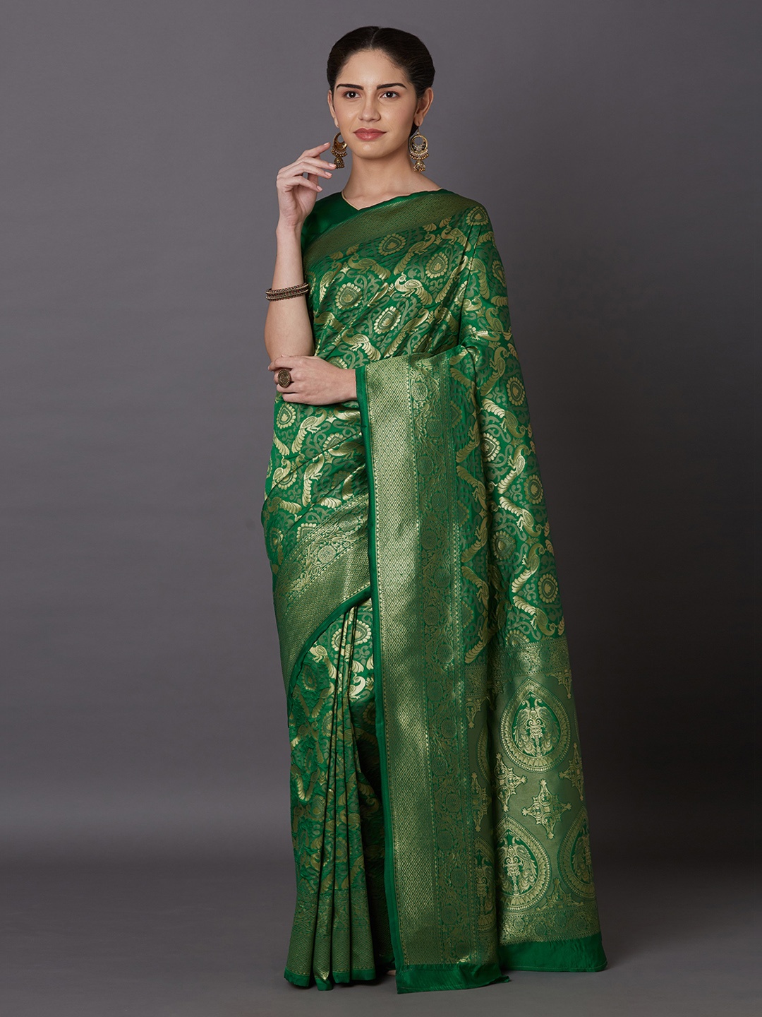 

Mitera Green Silk Blend Woven Design Kanjeevaram Saree